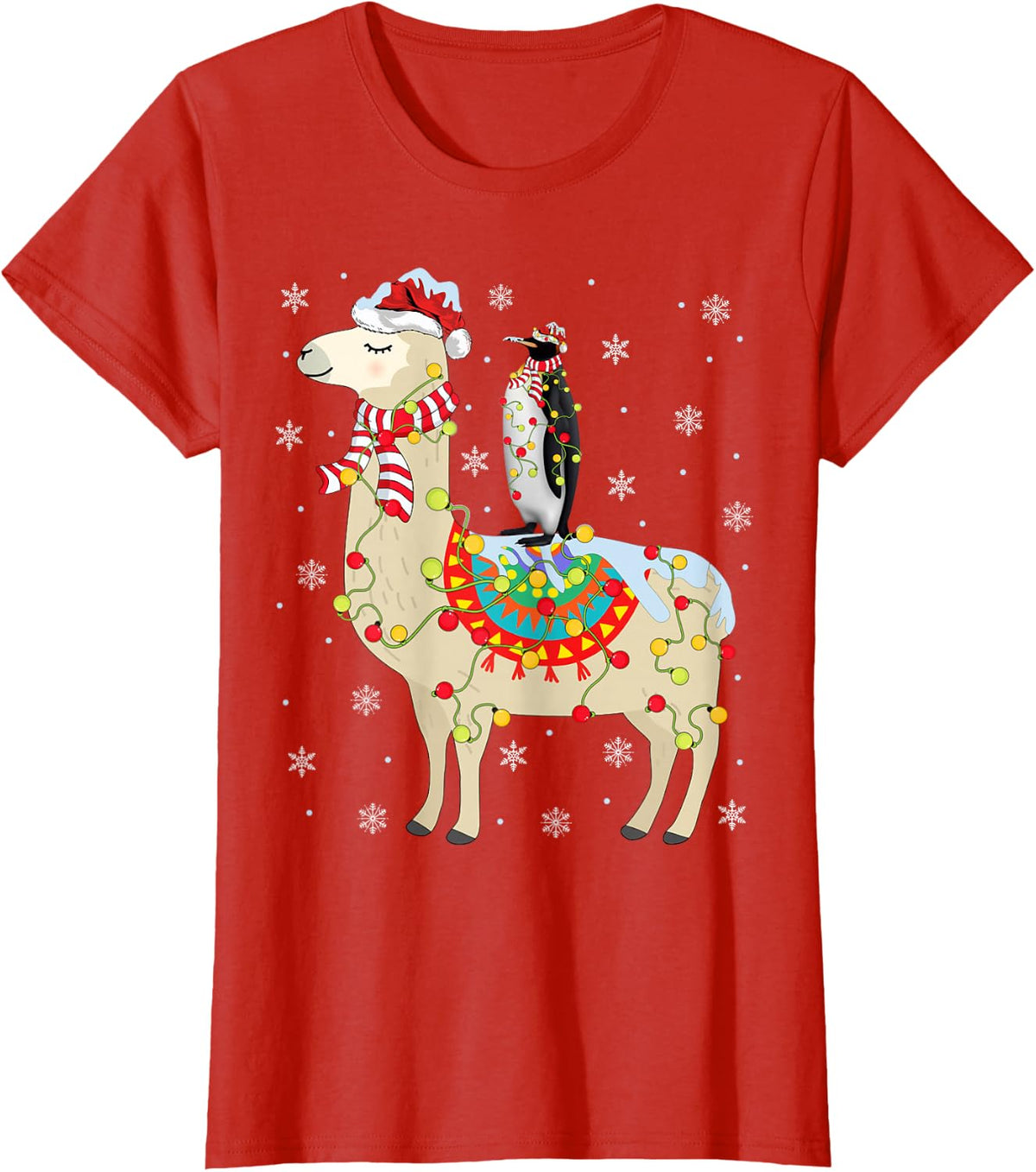 Xmas Lighting Santa Llama Riding Penguin Christmas T-Shirt - Red