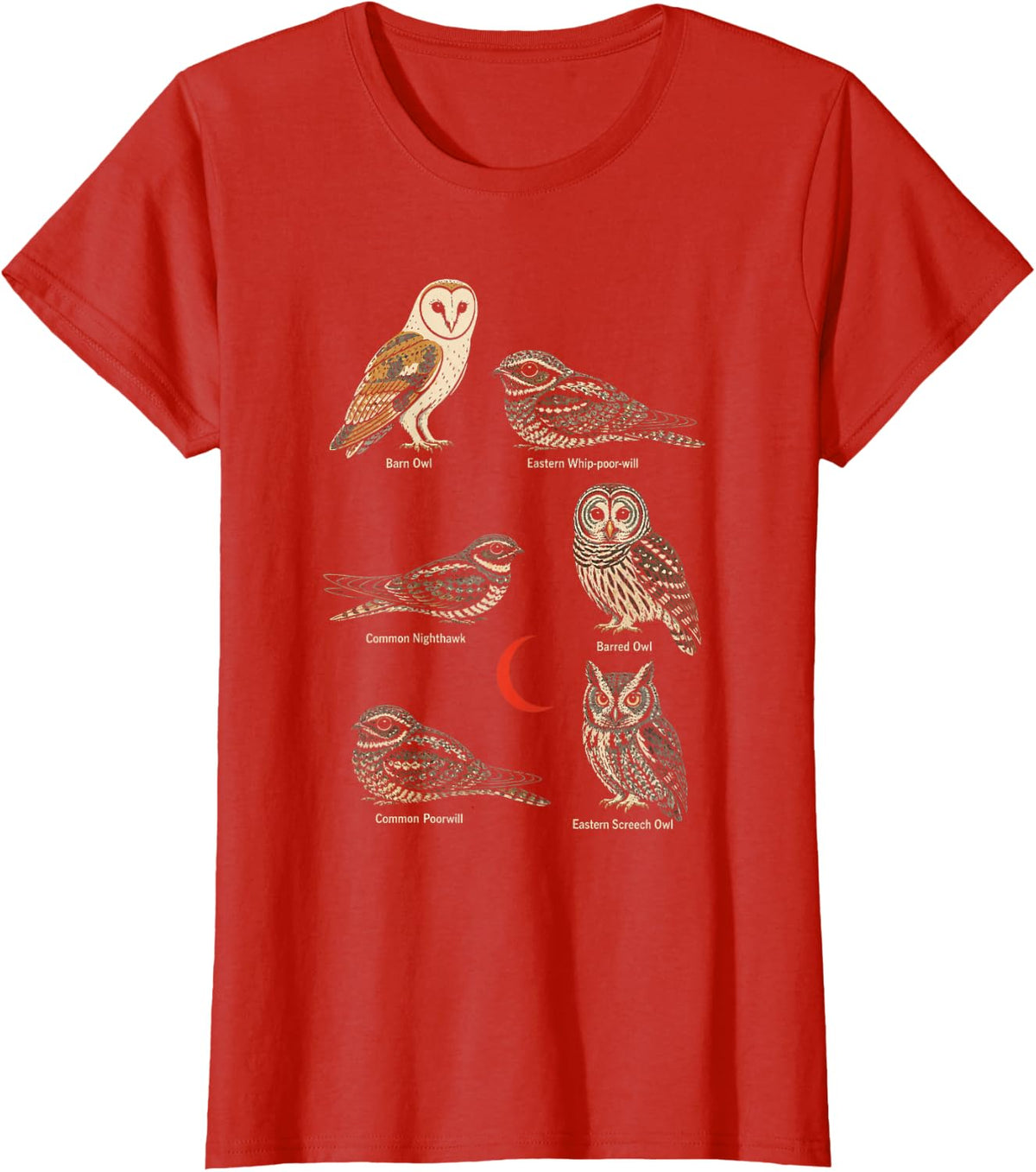 Bird Watching Owl Nighthawk Nocturnal Identification Chart T-Shirt - Red
