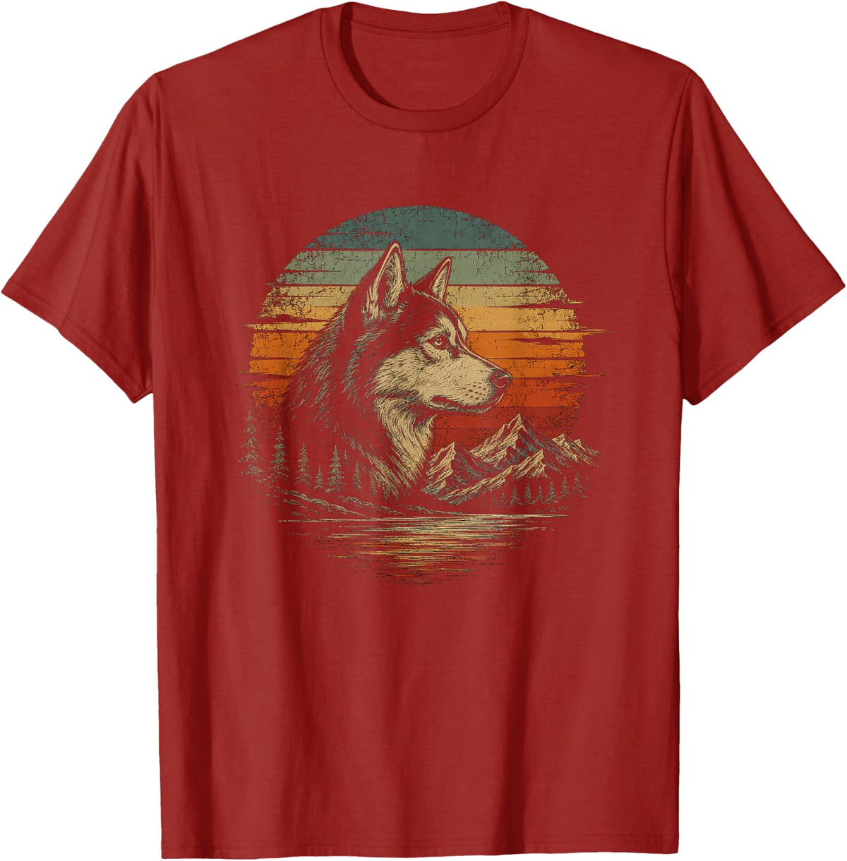 Retro Siberian Husky Artwork Graphic T-Shirt - Cranberry Red