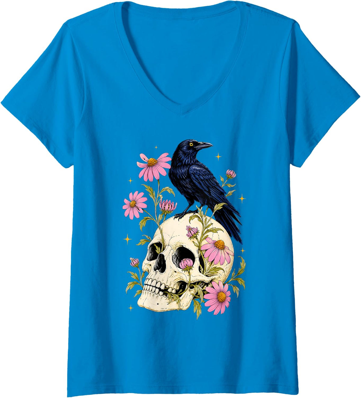 Women's Raven Standing On Skull Flowers Crow Halloween Men Women V-Neck T-Shirt - Sapphire Blue