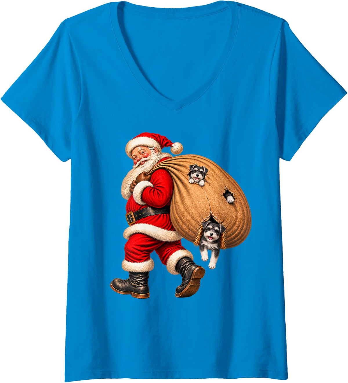 Women's Santa Claus Delivering Miniature Schnauzer Presents Naughty V-Neck T-Shirt - Sapphire Blue