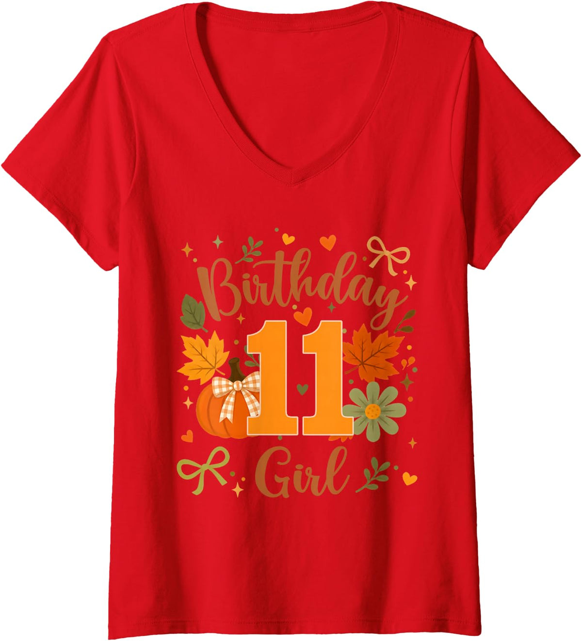 Women's Cute 11th Birthday Girl 11 Year Old Pumpkin Bow Autumn Party V-Neck T-Shirt - Red