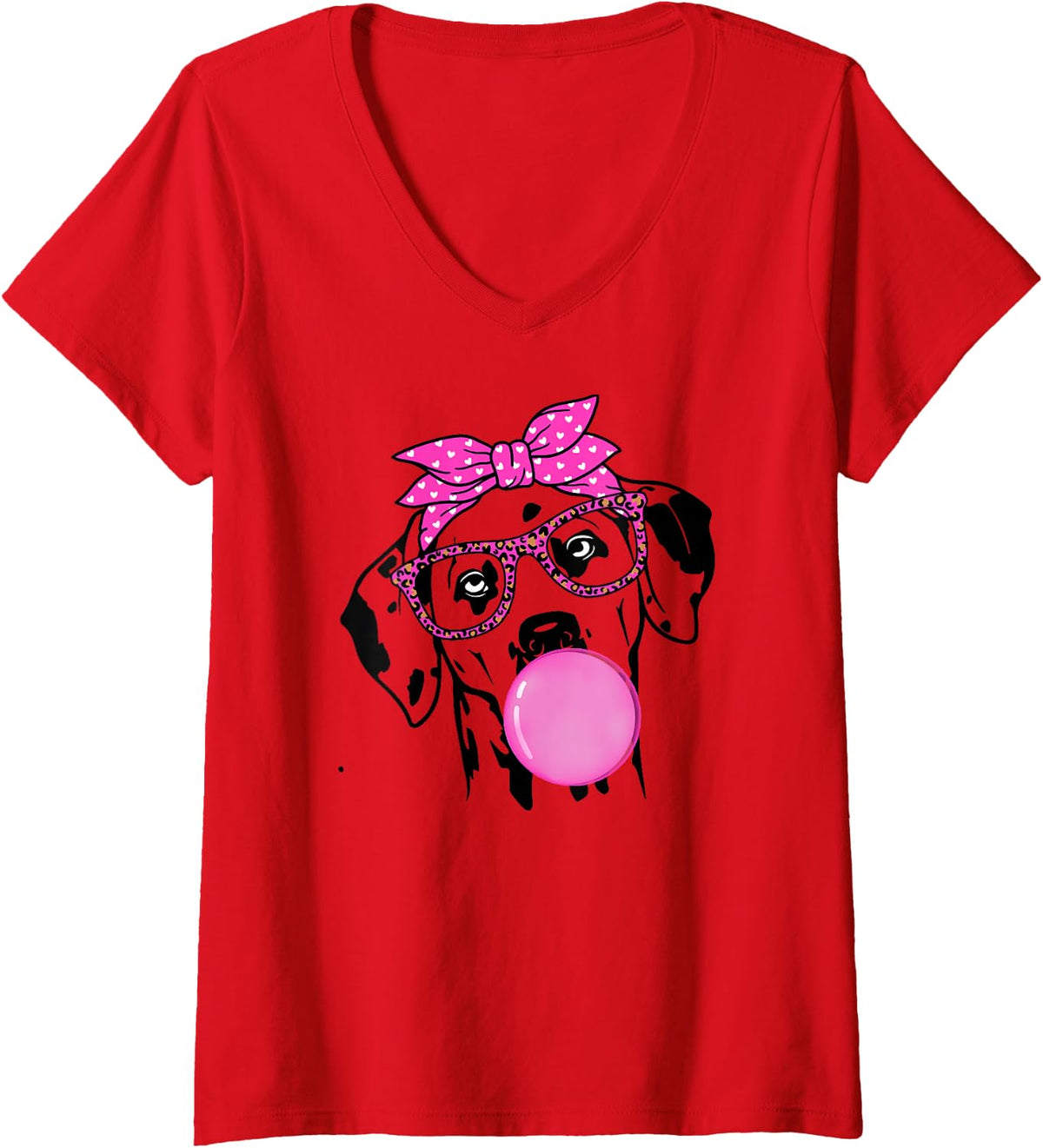 Women's Cute Dalmatian Dog with Bubble Gum Bandana Glasses V-Neck T-Shirt - Red