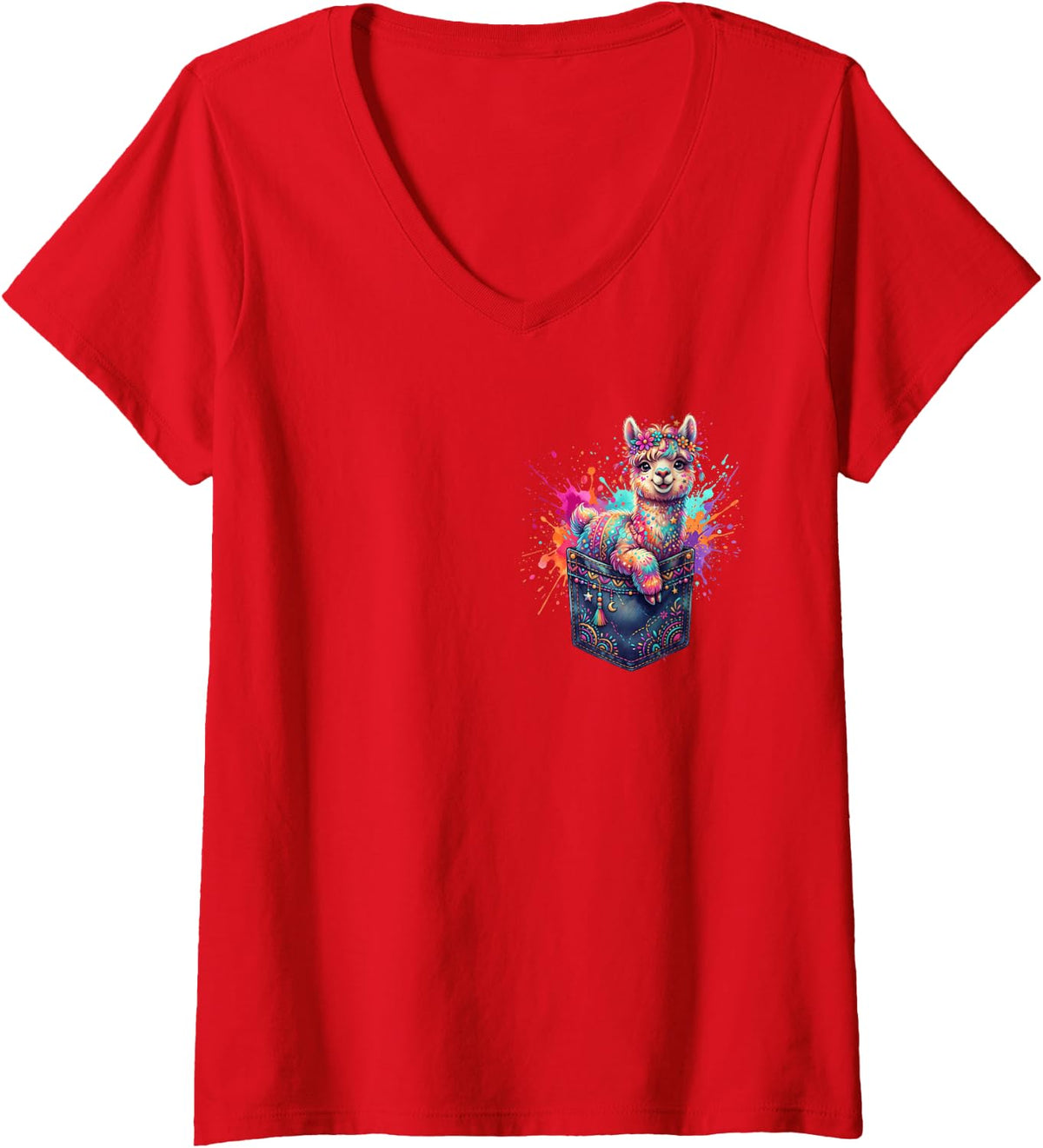 Women's Alpaca Pocket V-Neck T-Shirt - Red