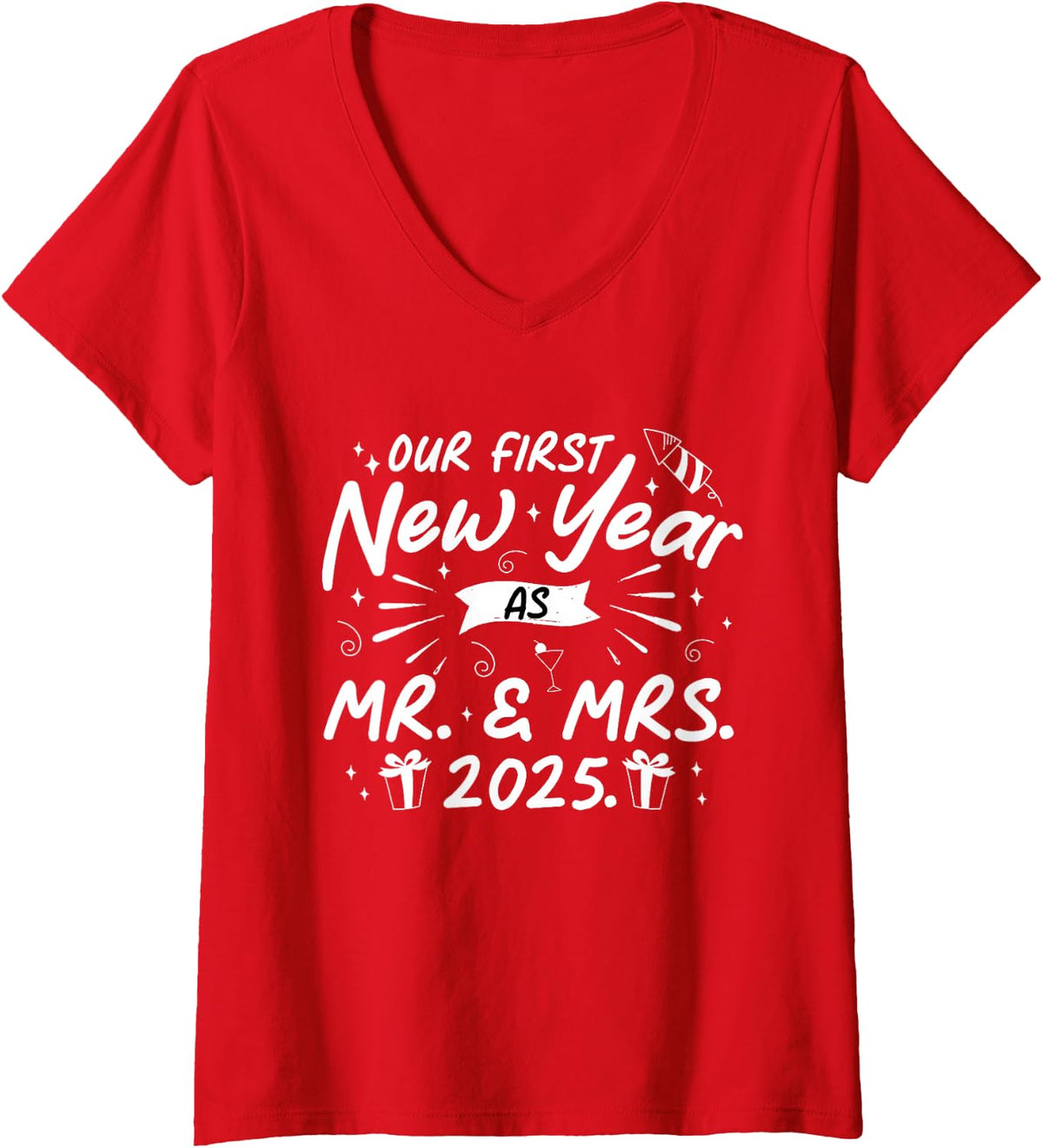 Women's Our First New Year As Mr and Mrs Married Couples Men Women V-Neck T-Shirt - Red