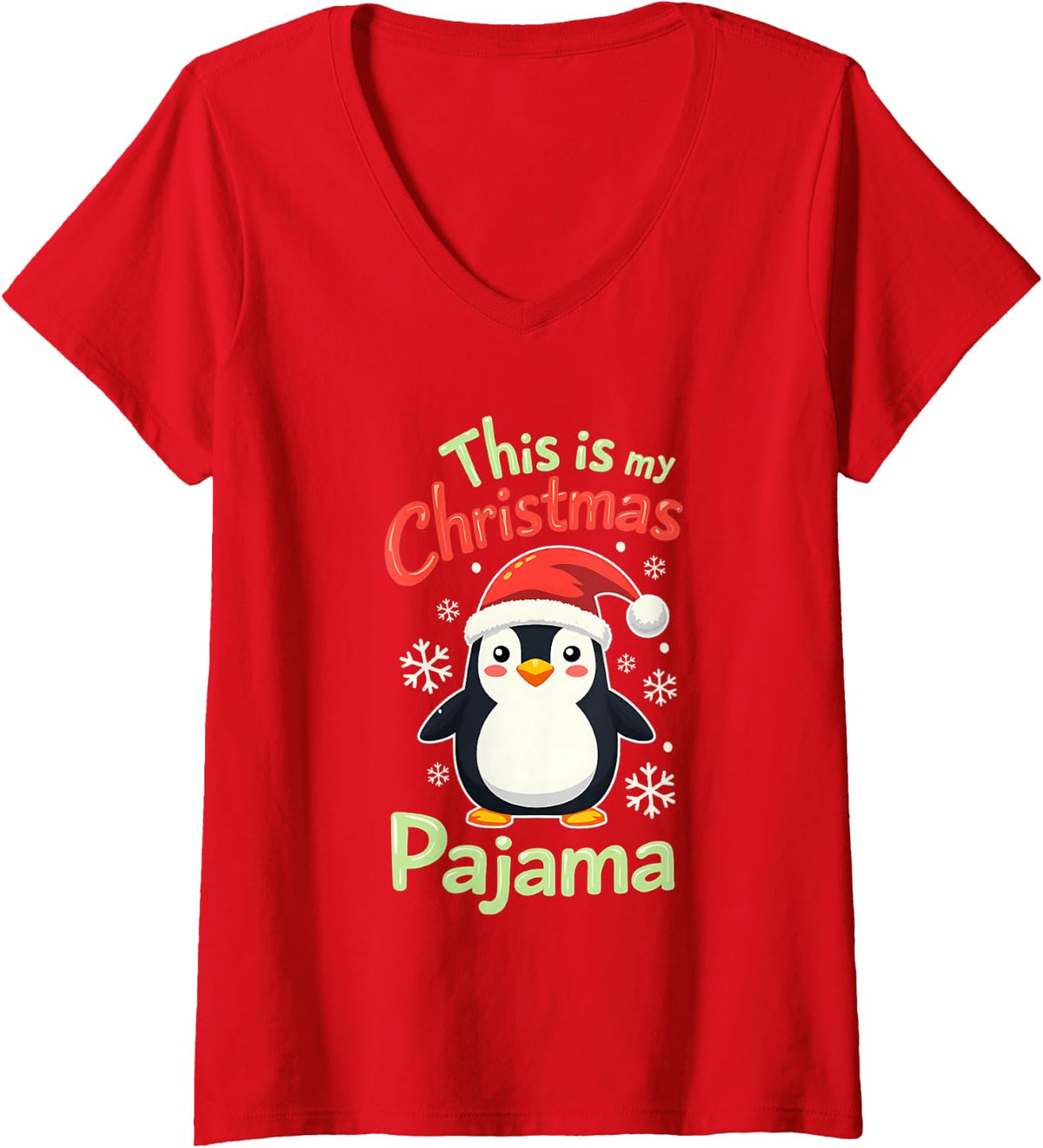 Women's This is My Christmas Pajama Penguin Xmas Men Women Kids V-Neck T-Shirt - Red