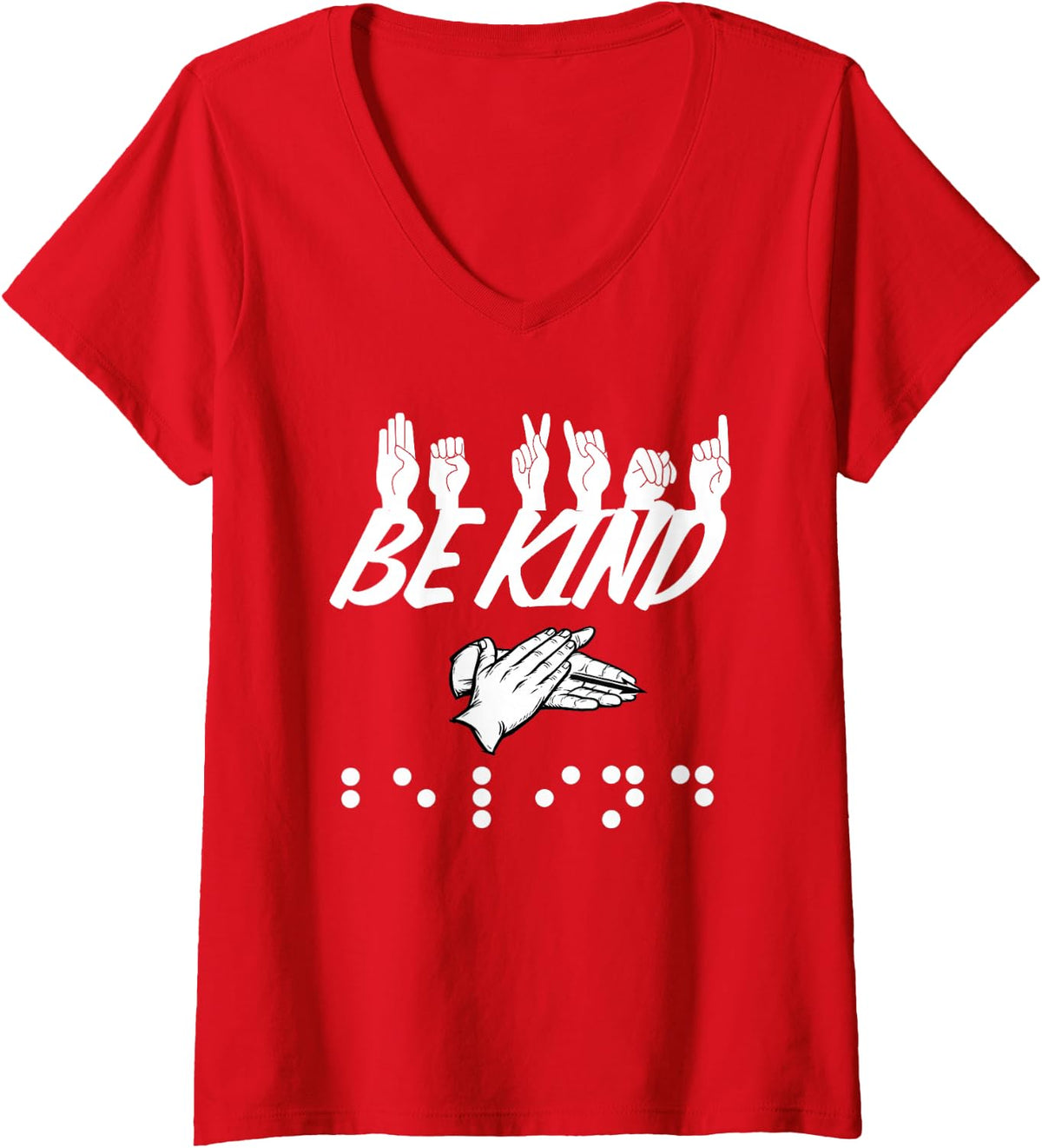 Women's Be Kind ASL Braille American Sign Language Accessibility V-Neck T-Shirt - Red