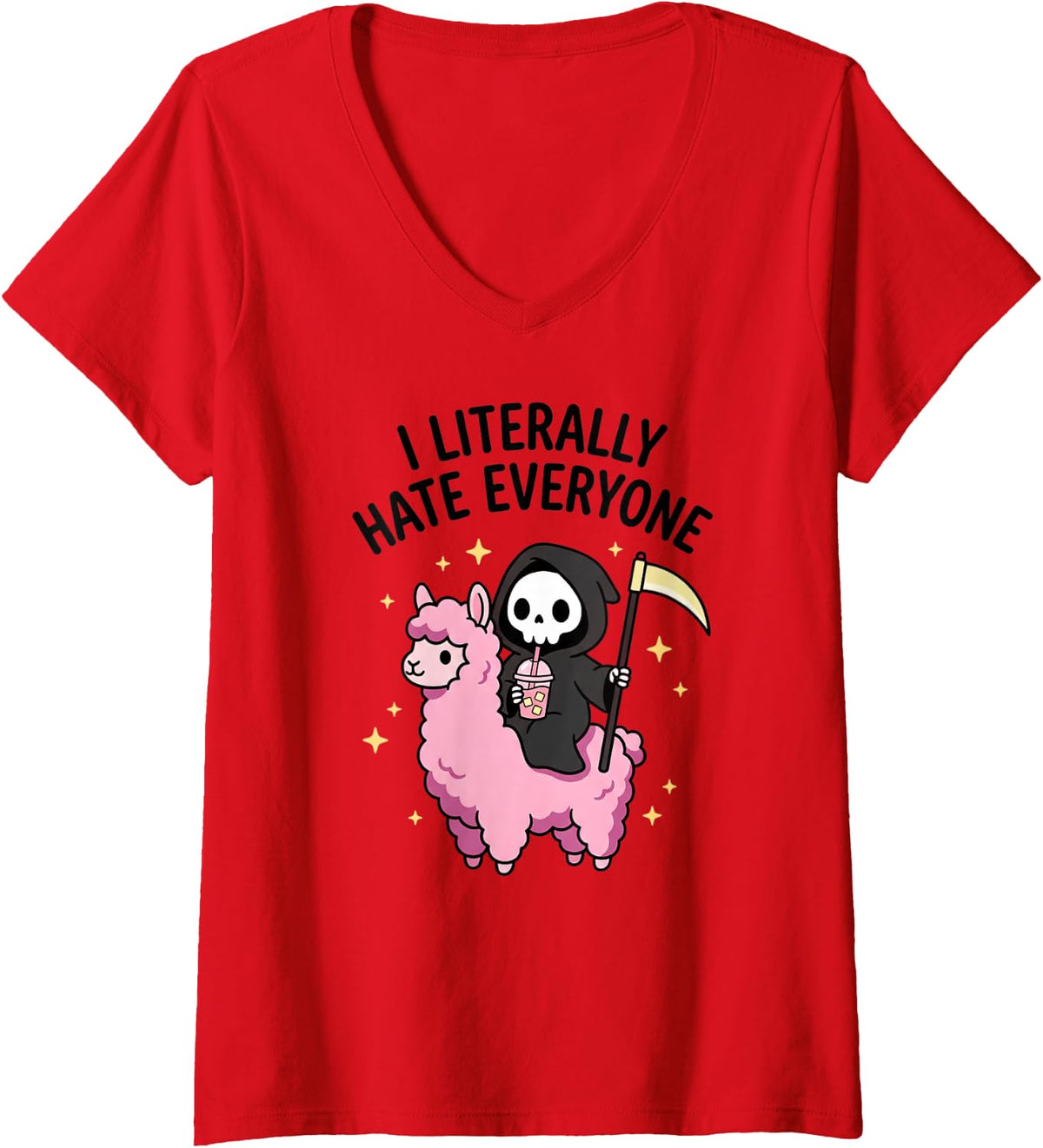 Women's I Literally Hate Everyone Grim Reaper Riding Pink Llama V-Neck T-Shirt - Red