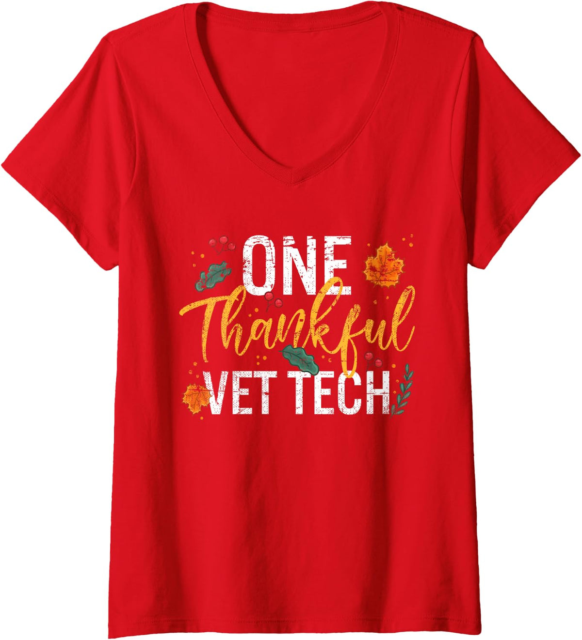 Women's One Thankful Vet Tech Thanksgiving Vintage V-Neck T-Shirt - Red