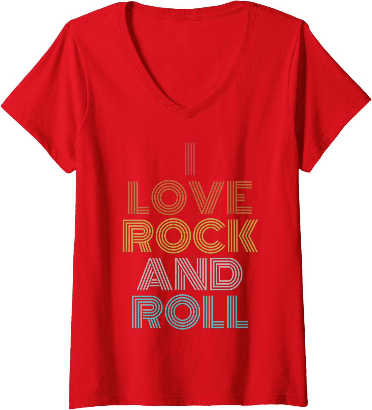 Womens Retro Vintage I Love Rock and Roll V-Neck T-Shirt - Red