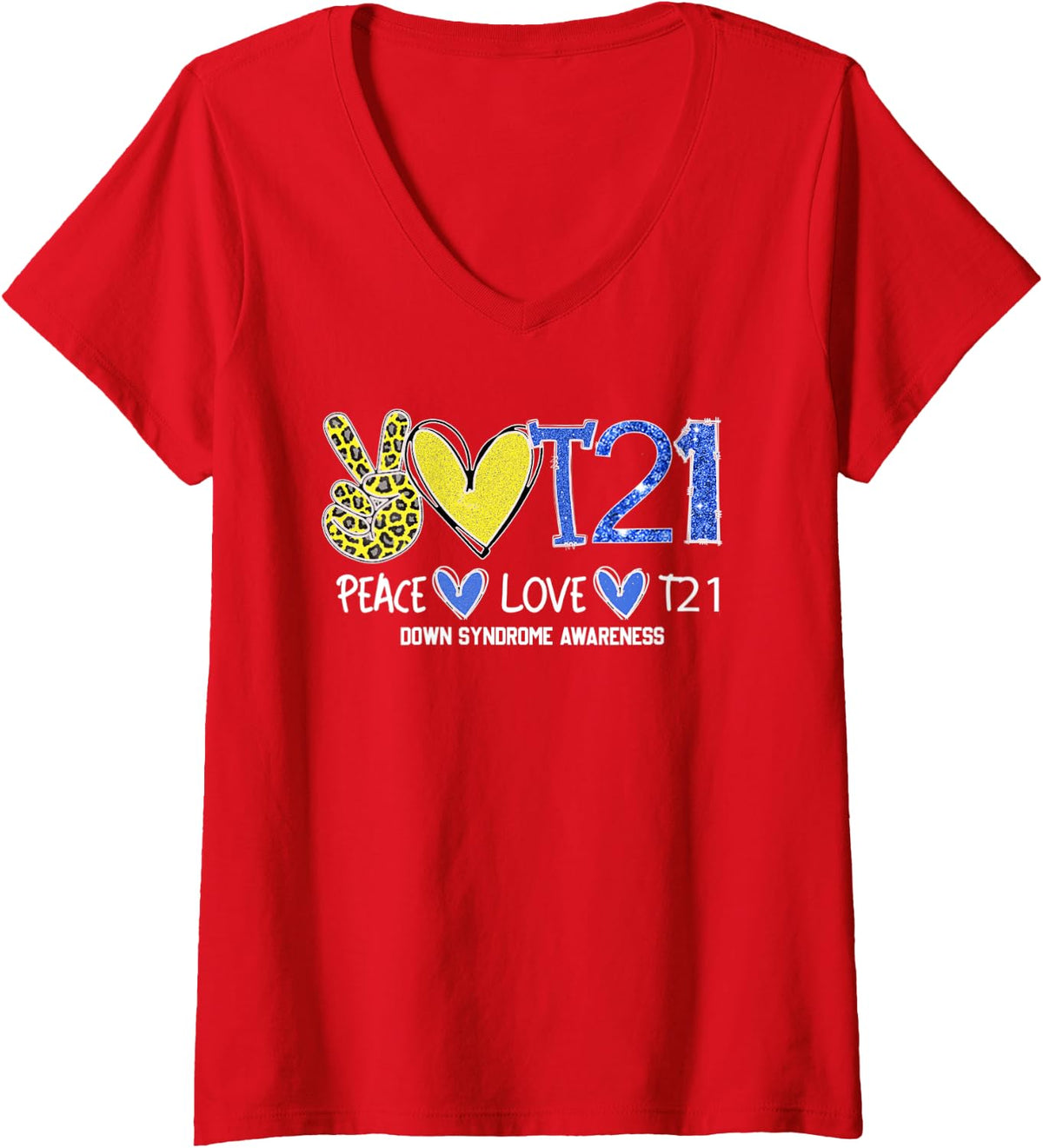 Womens Peace Love T21 Blue Yellow Ribbon Down Syndrome Awareness V-Neck T-Shirt - Red