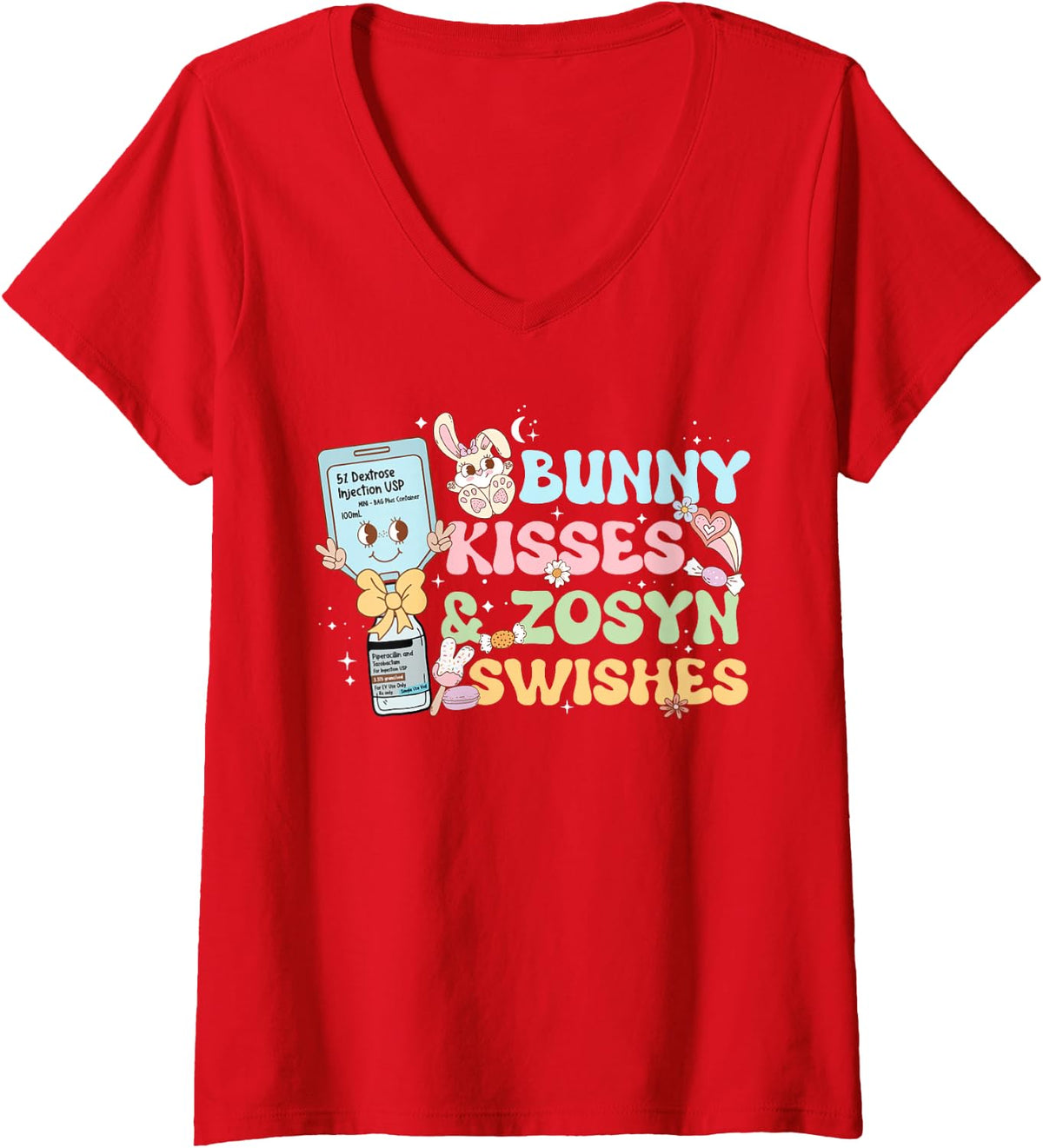 Women's Bunny Kiss Zosyn Swishes Nurse RN LPN CNA Healthcare Easter V-Neck T-Shirt - Red