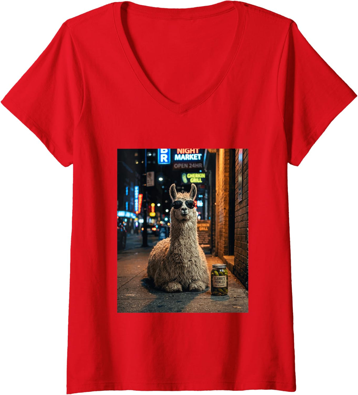 Women's Funny Llama Eating Pickles Meme Men Women V-Neck T-Shirt - Red