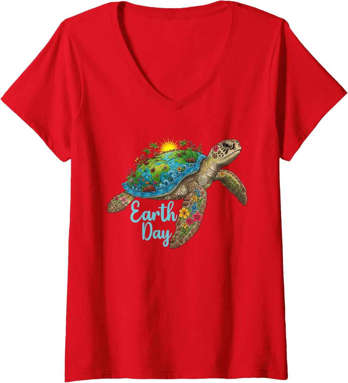 Womens Sea Turtle Earth Day Save The Earth Planet Women Men V-Neck T-Shirt - Red