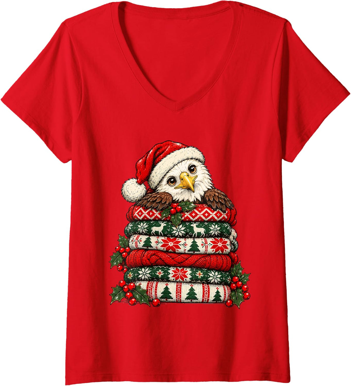 Women's Cozy Christmas Bald Eagle and Festive Sweaters Holly Berries V-Neck T-Shirt - Red