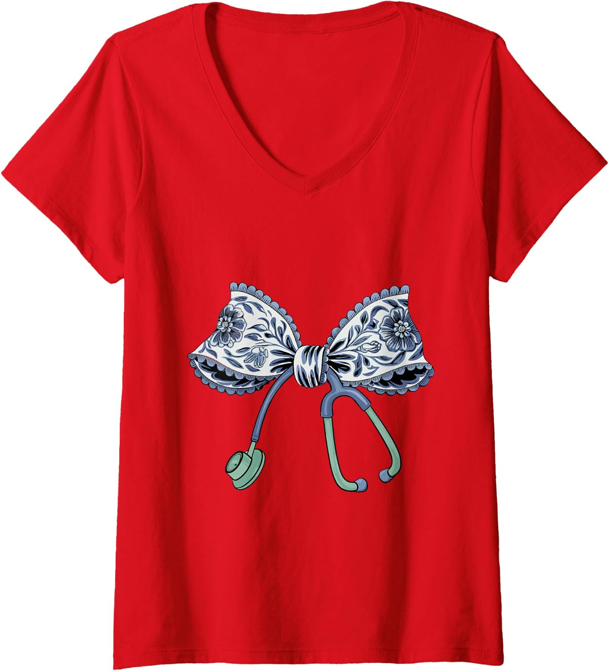 Women's Cute Floral Blue Coquette Bow Stethoscope Nurse Doctor Women V-Neck T-Shirt - Red