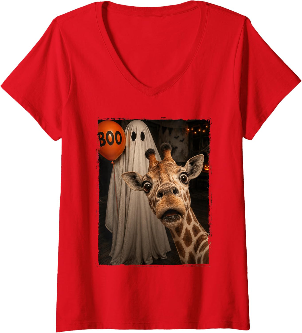 Women's Funny Giraffe Halloween Selfie Ghost Boo Balloon Zoo Kids V-Neck T-Shirt - Red