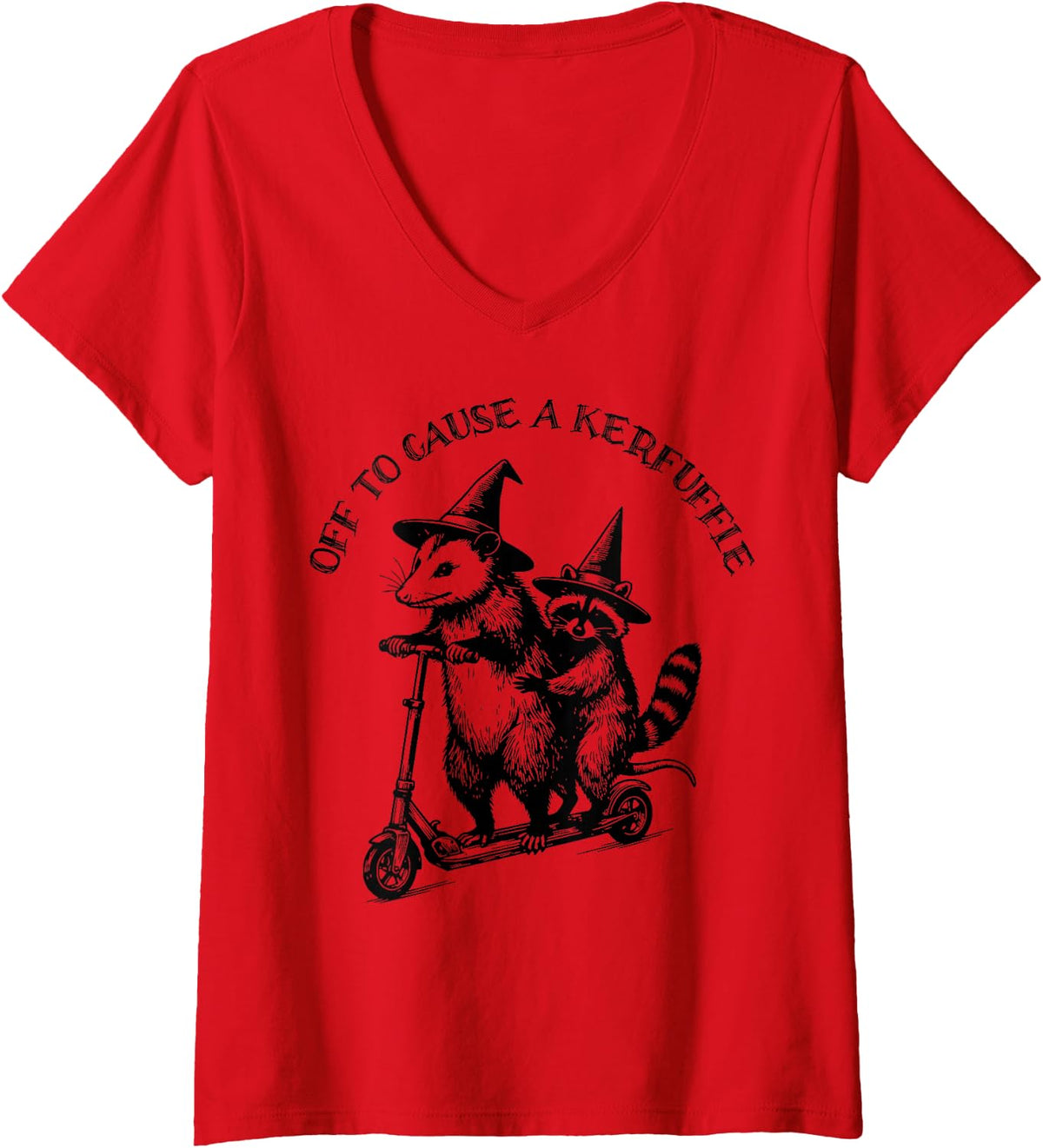 Women's Off to Cause A Kerfuffle Opossum Raccoon Wizard Scooter Meme V-Neck T-Shirt - Red
