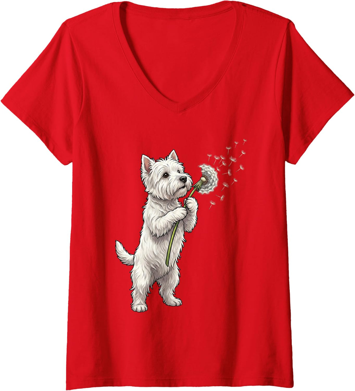 Women's West Highland White Terrier Dandelion Art Dog Wildflower V-Neck T-Shirt - Red