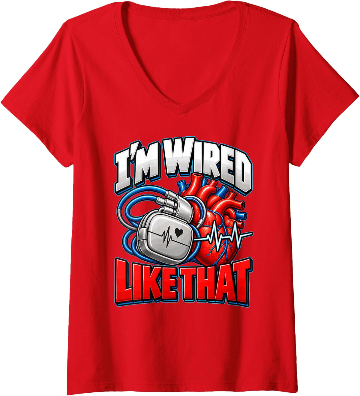 Women's I'm Wired Icd Device Cardiology Cardiac Pacemaker V-Neck T-Shirt - Red
