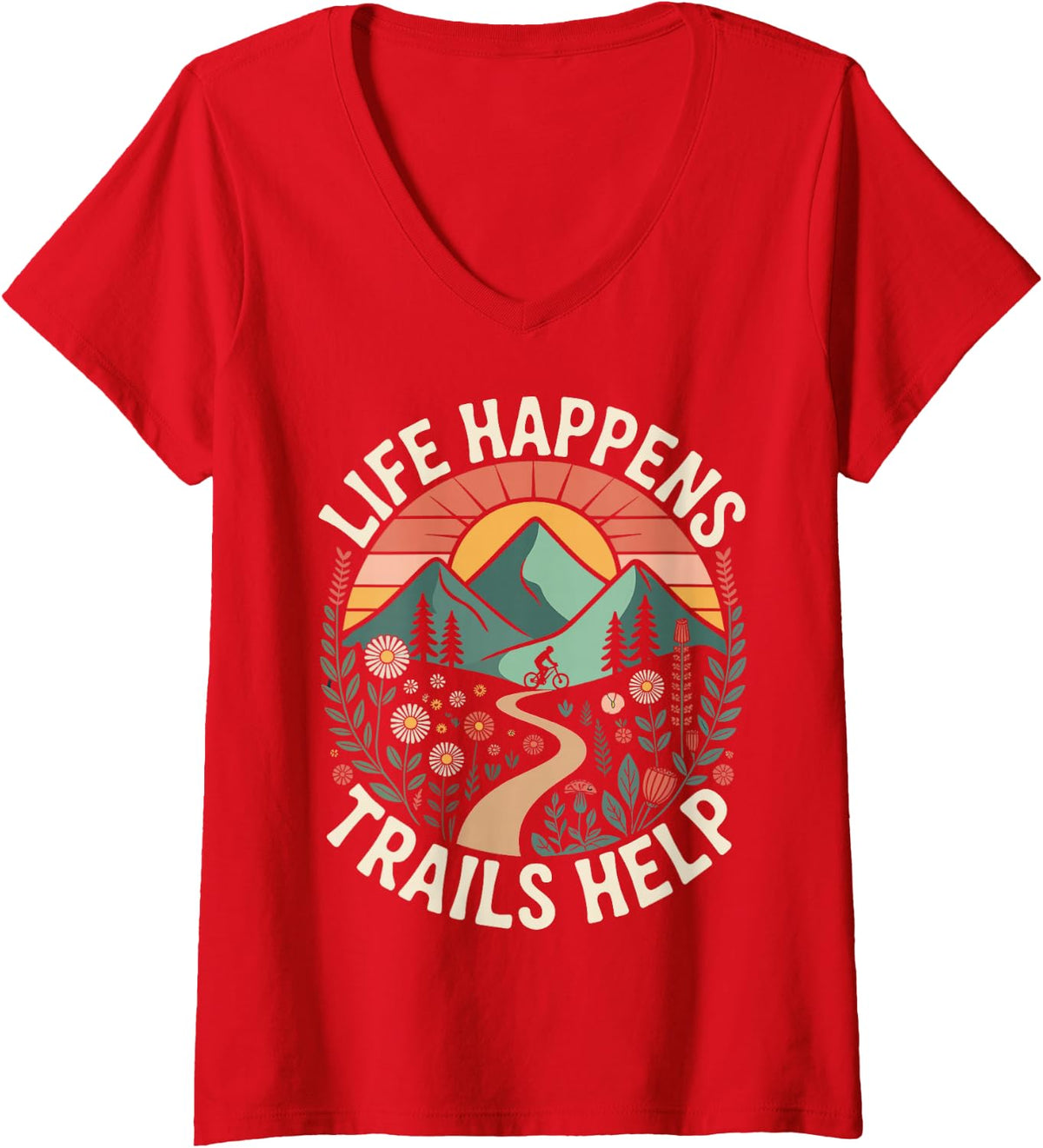 Women's Mountain Bike Retro MTB Mountain Biking V-Neck T-Shirt - Red