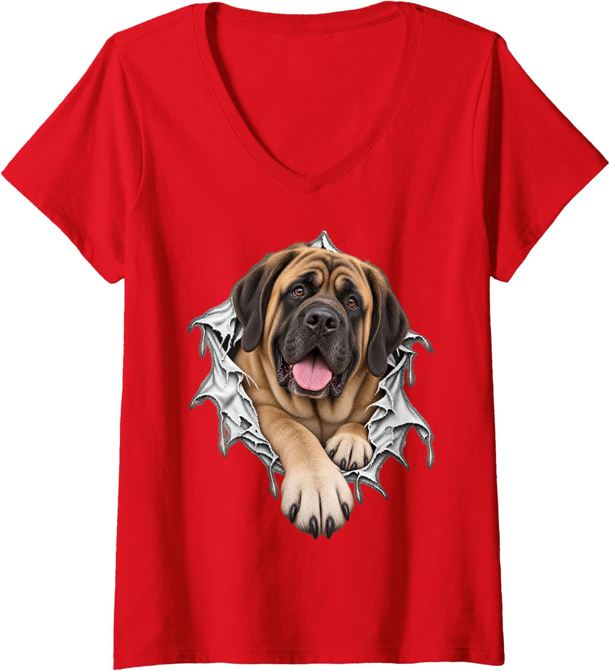 Women's Cute Mastiff Dog Stepping Out from Ripped Design V-Neck T-Shirt - Red