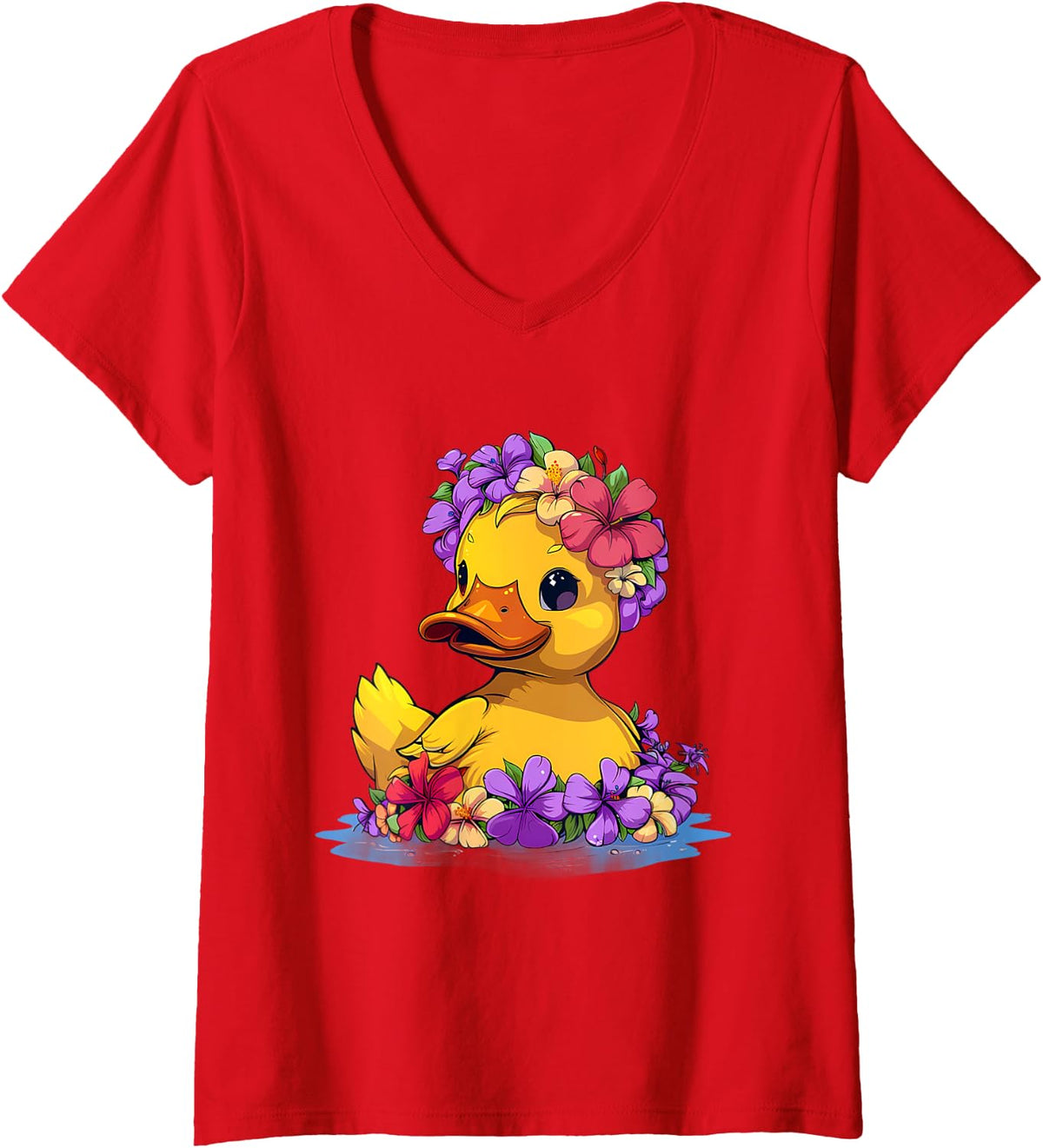 Womens Rubber Duck Floral Hawaiian Rubber Duck Lover Hawaii V-Neck T-Shirt - Red