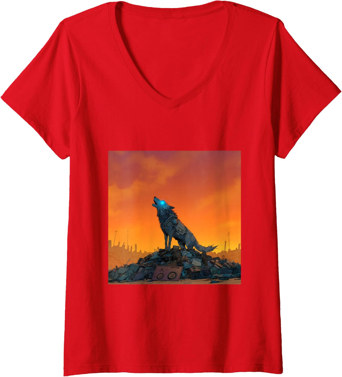 Women's Cyberpunk Wolf Howling Wasteland Apocalypse V-Neck T-Shirt - Red