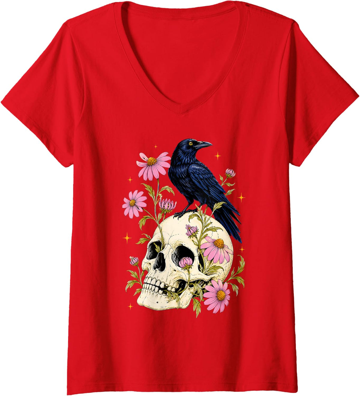 Women's Raven Standing On Skull Flowers Crow Halloween Men Women V-Neck T-Shirt - Red
