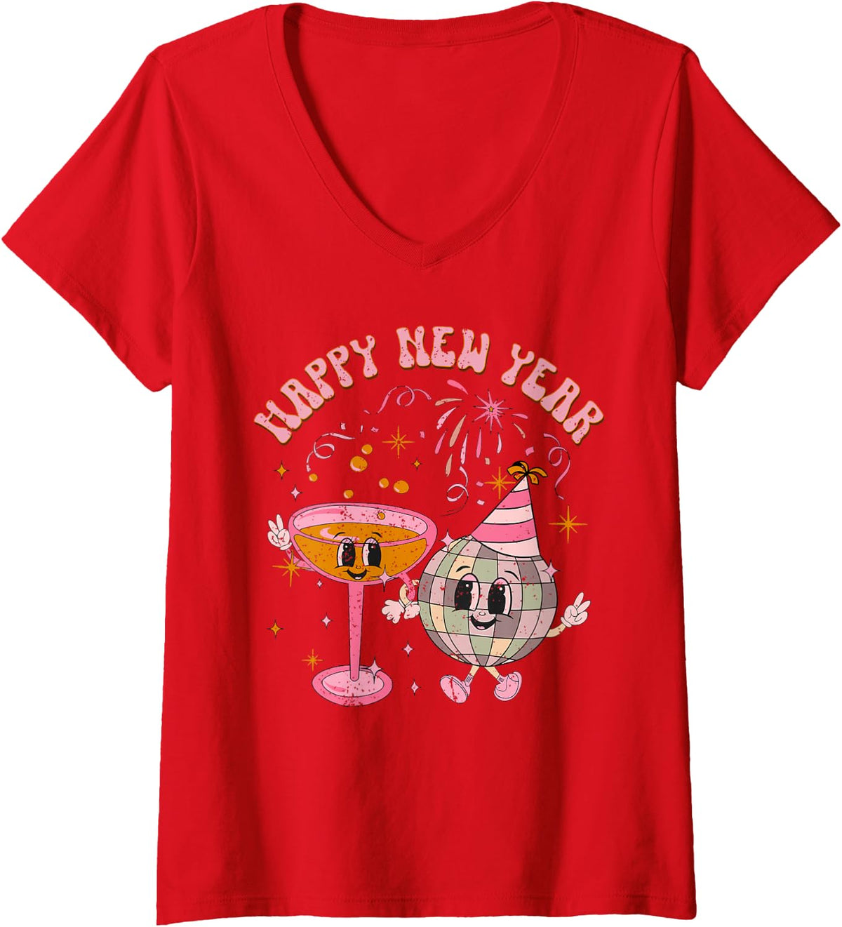 Women's Happy New Year 2025 Disco Ball Wine Glass Cheers Drink Party V-Neck T-Shirt - Red