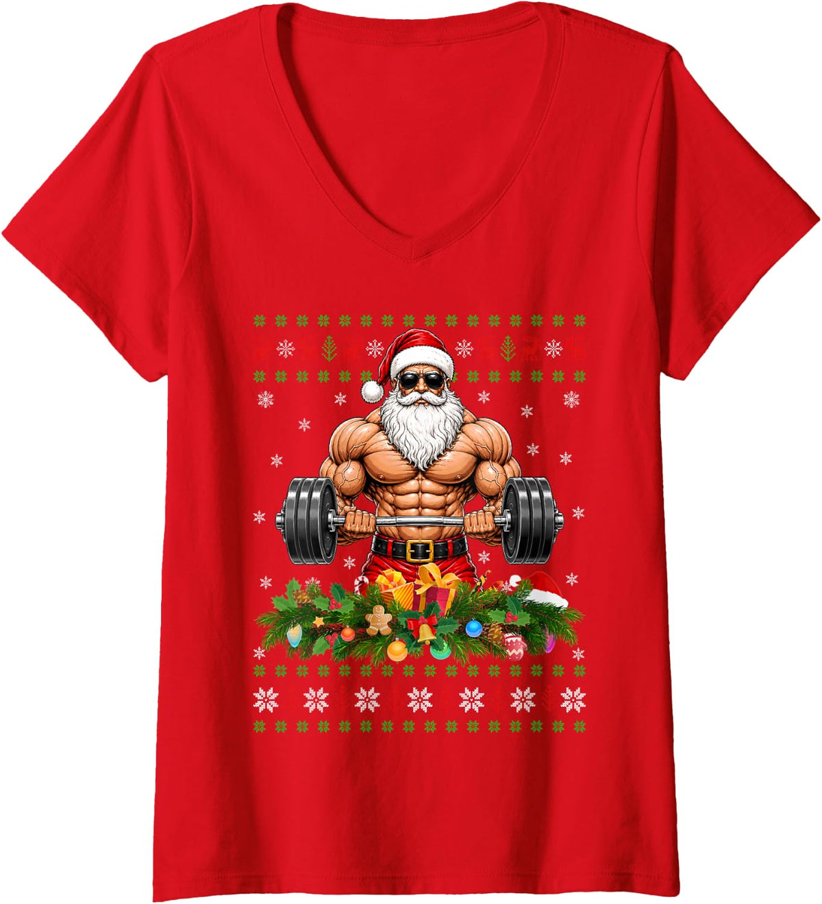 Women's Merry Buff Santa Xmas Fitness Bodybuilder V-Neck T-Shirt - Red