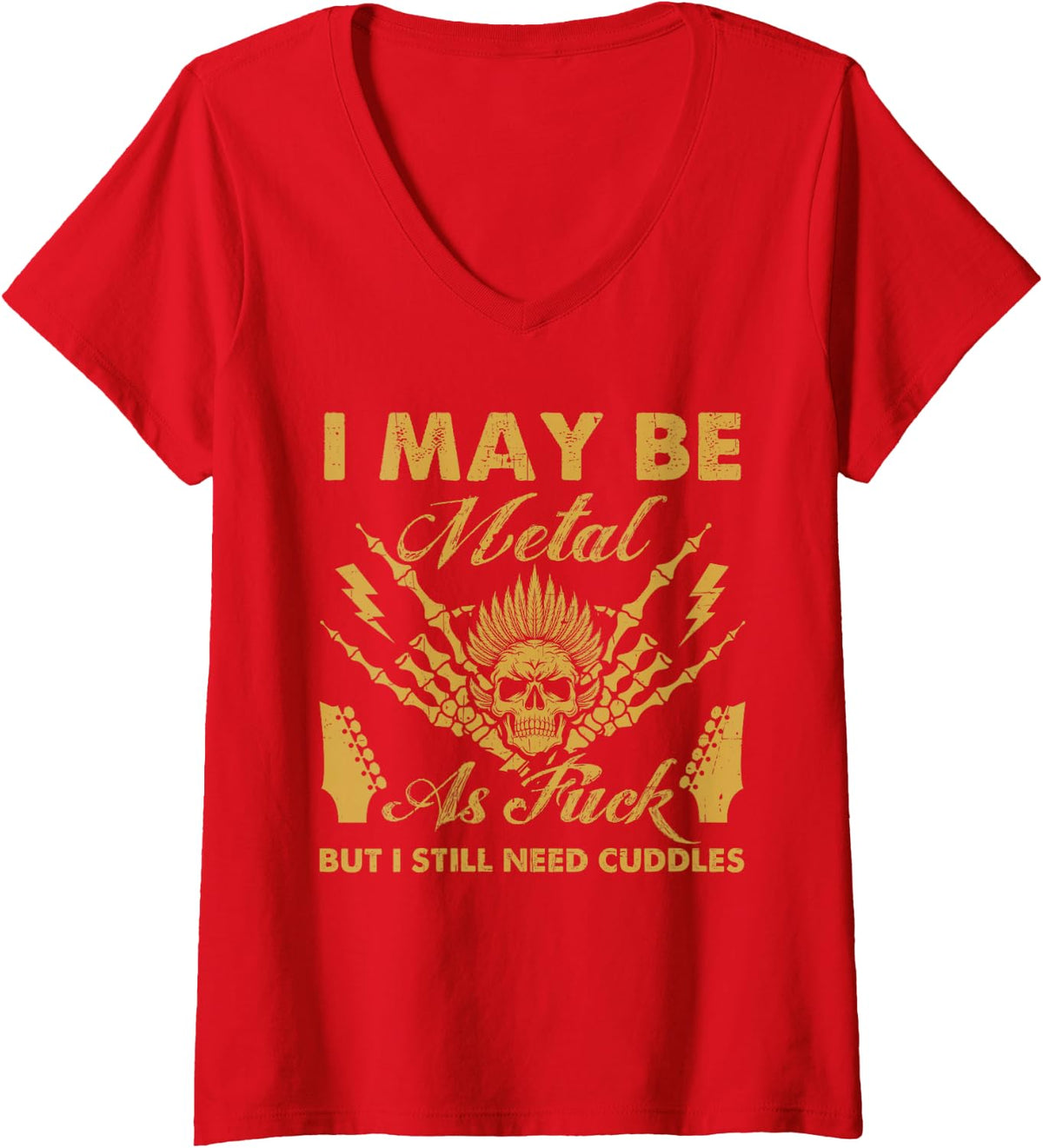 Women's Heavy Metal Cuddles Funny Metalhead Rock Music Humor V-Neck T-Shirt - Red