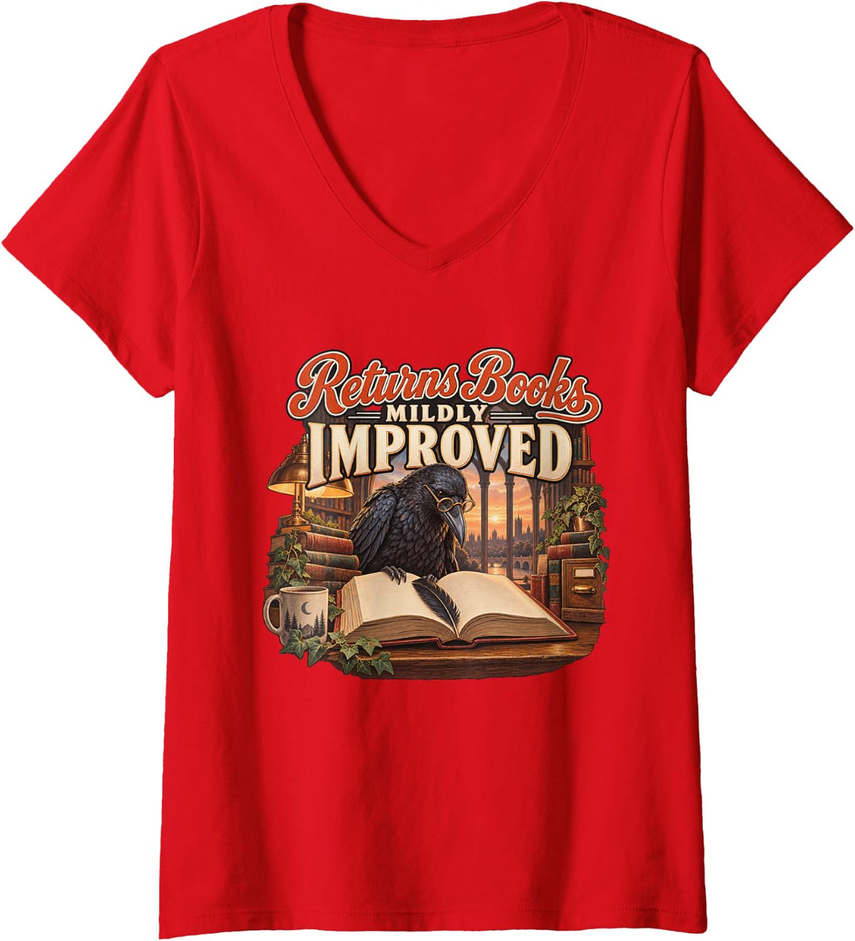 Women's Returns Books Mildly Improved Gothic Raven Graphic V-Neck T-Shirt - Red
