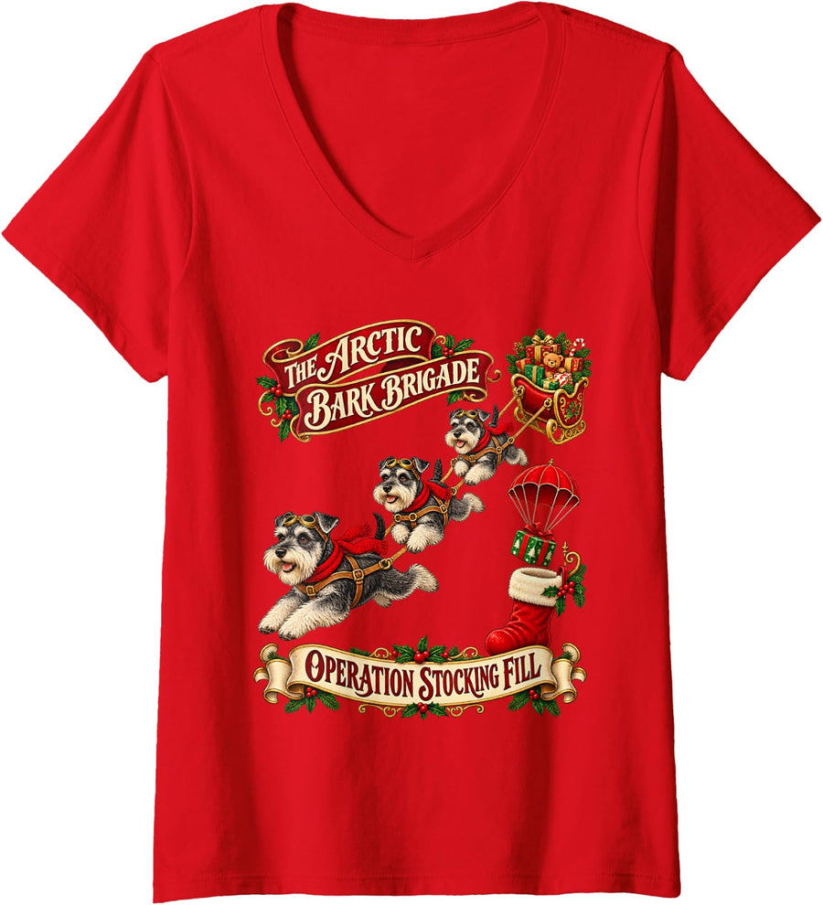 Women's Miniature Schnauzer Dog Christmas Arctic Brigade V-Neck T-Shirt - Red