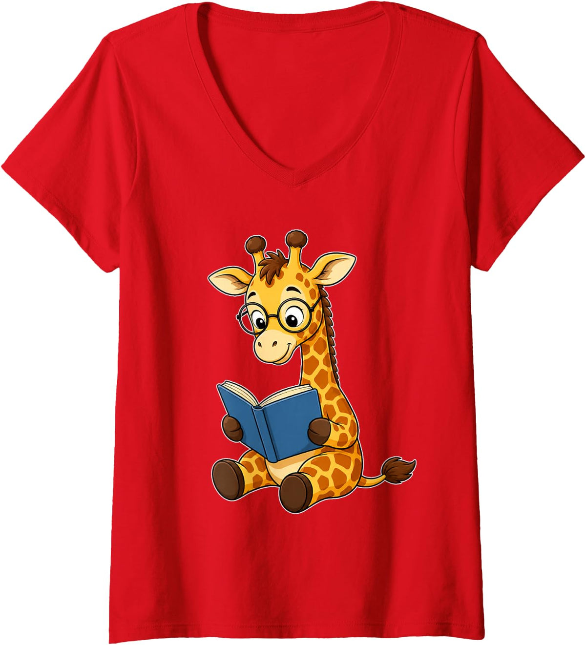 Women's Giraffe Bookworm Reading Book Funny Graphic V-Neck T-Shirt - Red