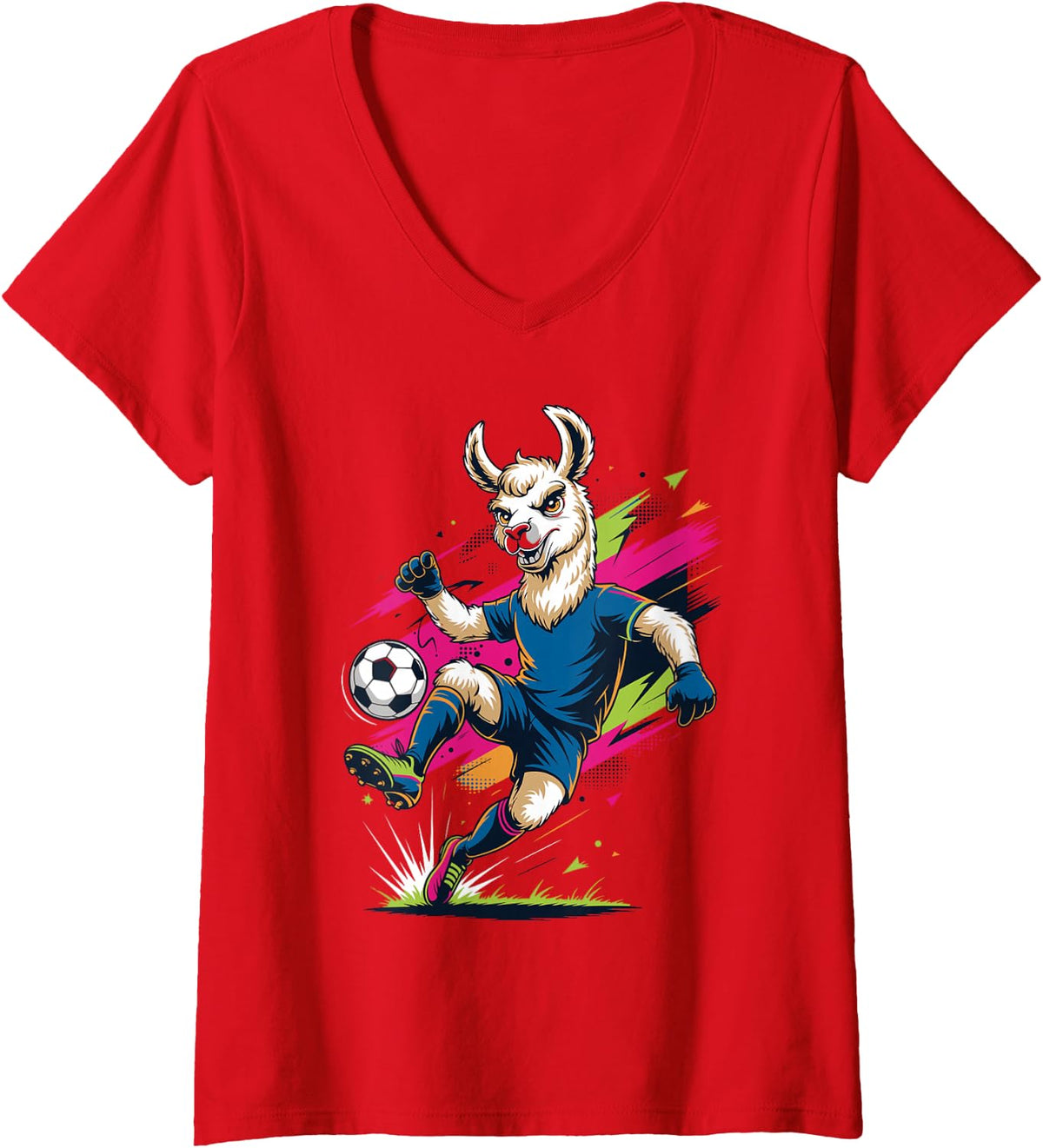 Women's Soccer Llama Pop Arts V-Neck T-Shirt - Red