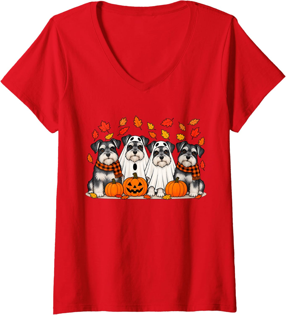 Women's Miniature Schnauzer Ghost Fall Autumn Thanksgiving Halloween V-Neck T-Shirt - Red