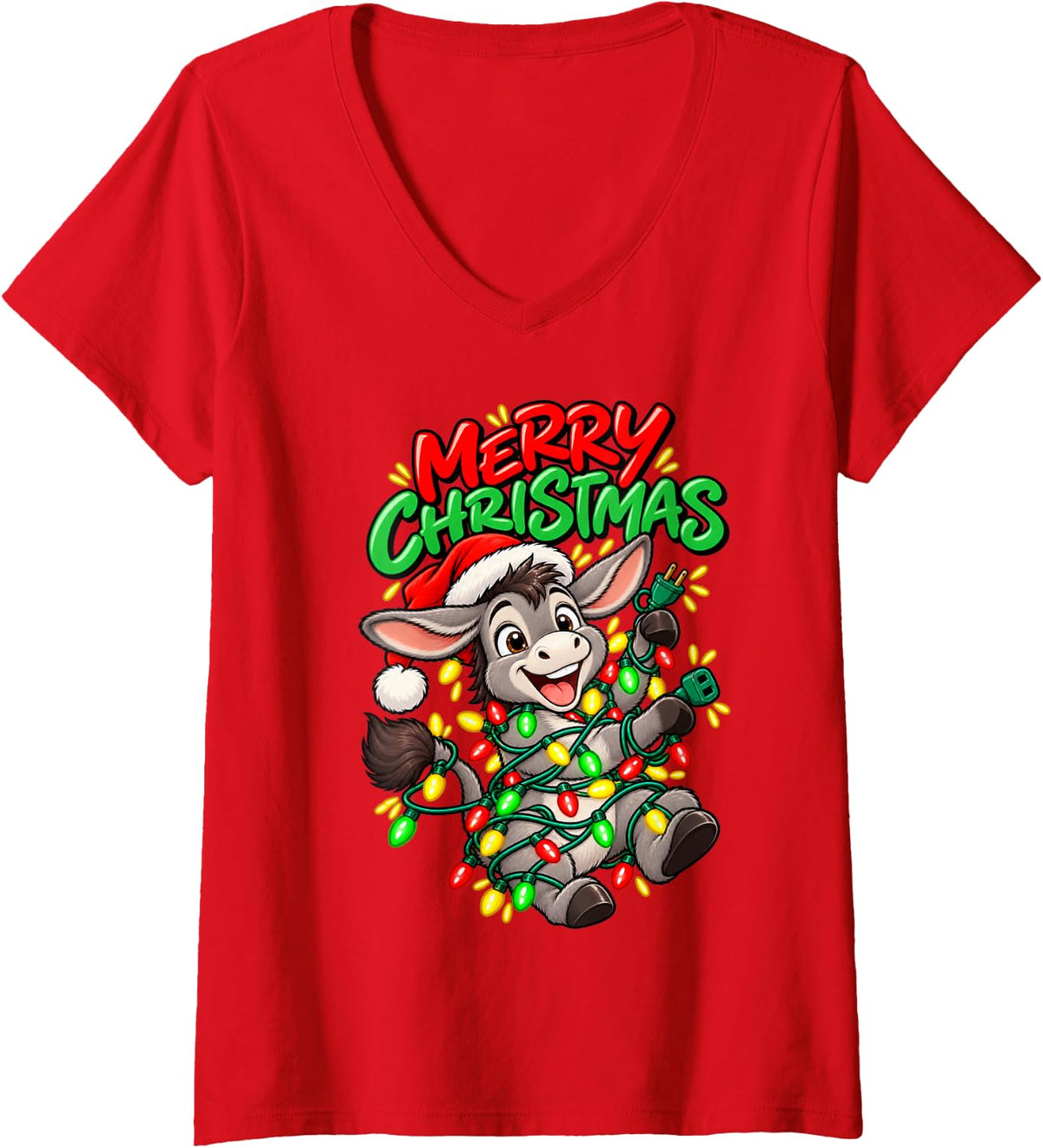 Women's Merry Christmas Happy Donkey Cute Christmas Lights V-Neck T-Shirt - Red