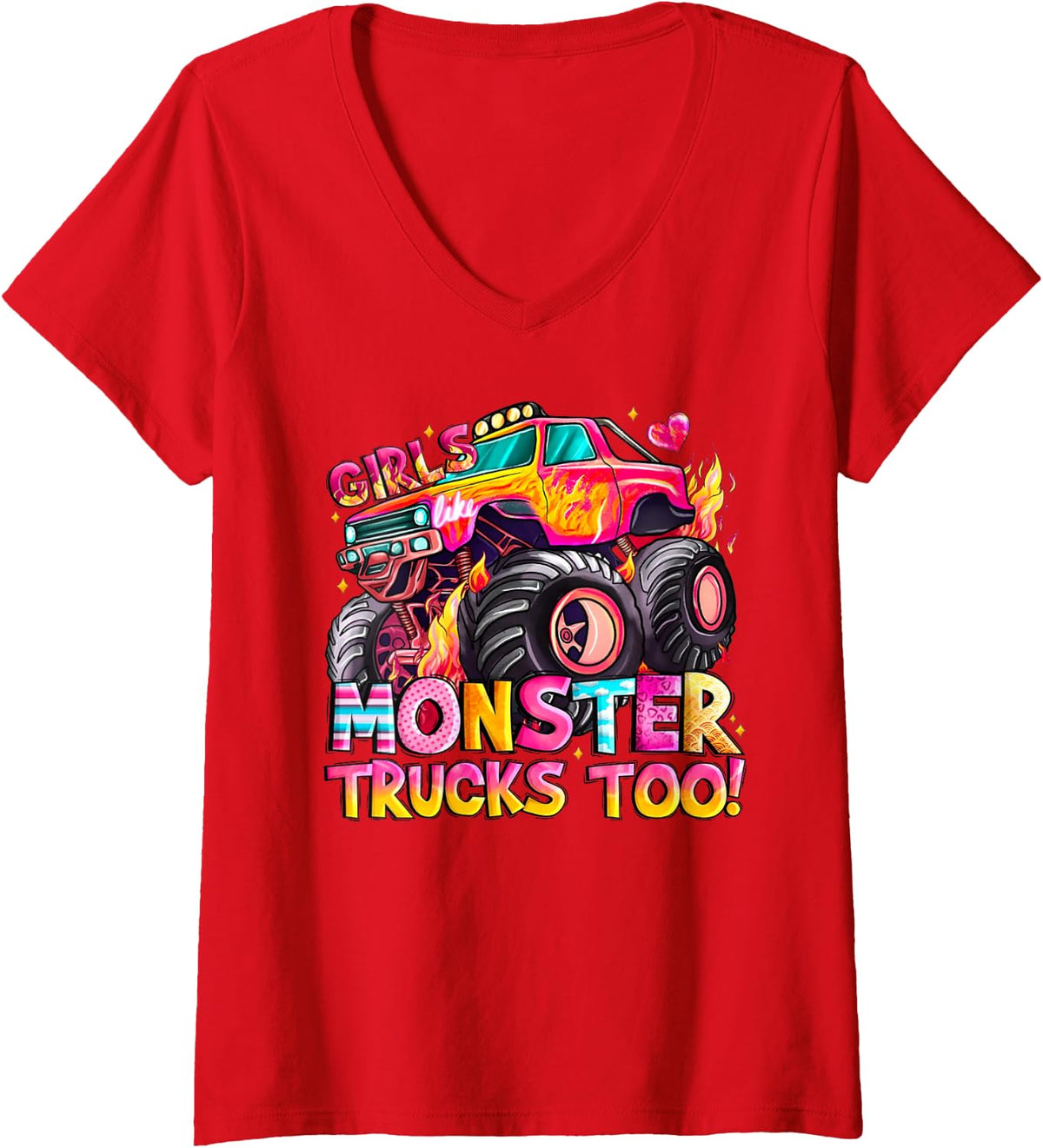 Women's Cute Monster Truck Lover Girls Like Monster Trucks Too Women V-Neck T-Shirt - Red