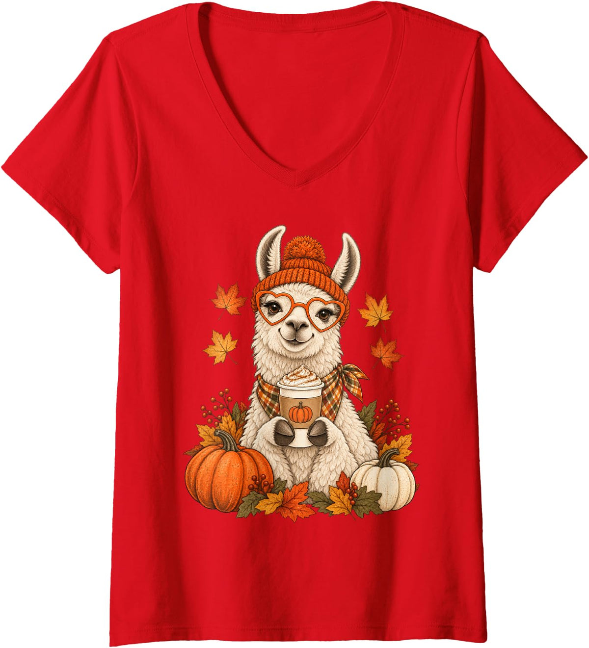 Women's Llama Fall Autumn Season Pumpkin Spice V-Neck T-Shirt - Red