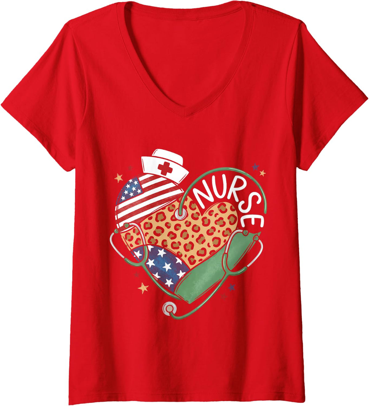 Women's Patriotic Nurse Leopard Heart American Flag Stethoscope V-Neck T-Shirt - Red