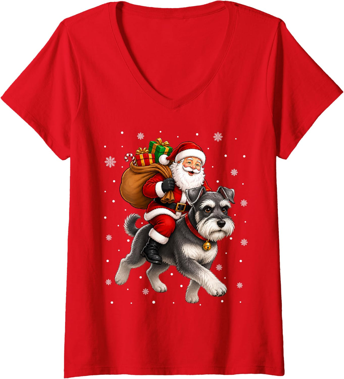 Women's Festive Funny Santa Riding Miniature Schnauzer Dog Christmas V-Neck T-Shirt - Red