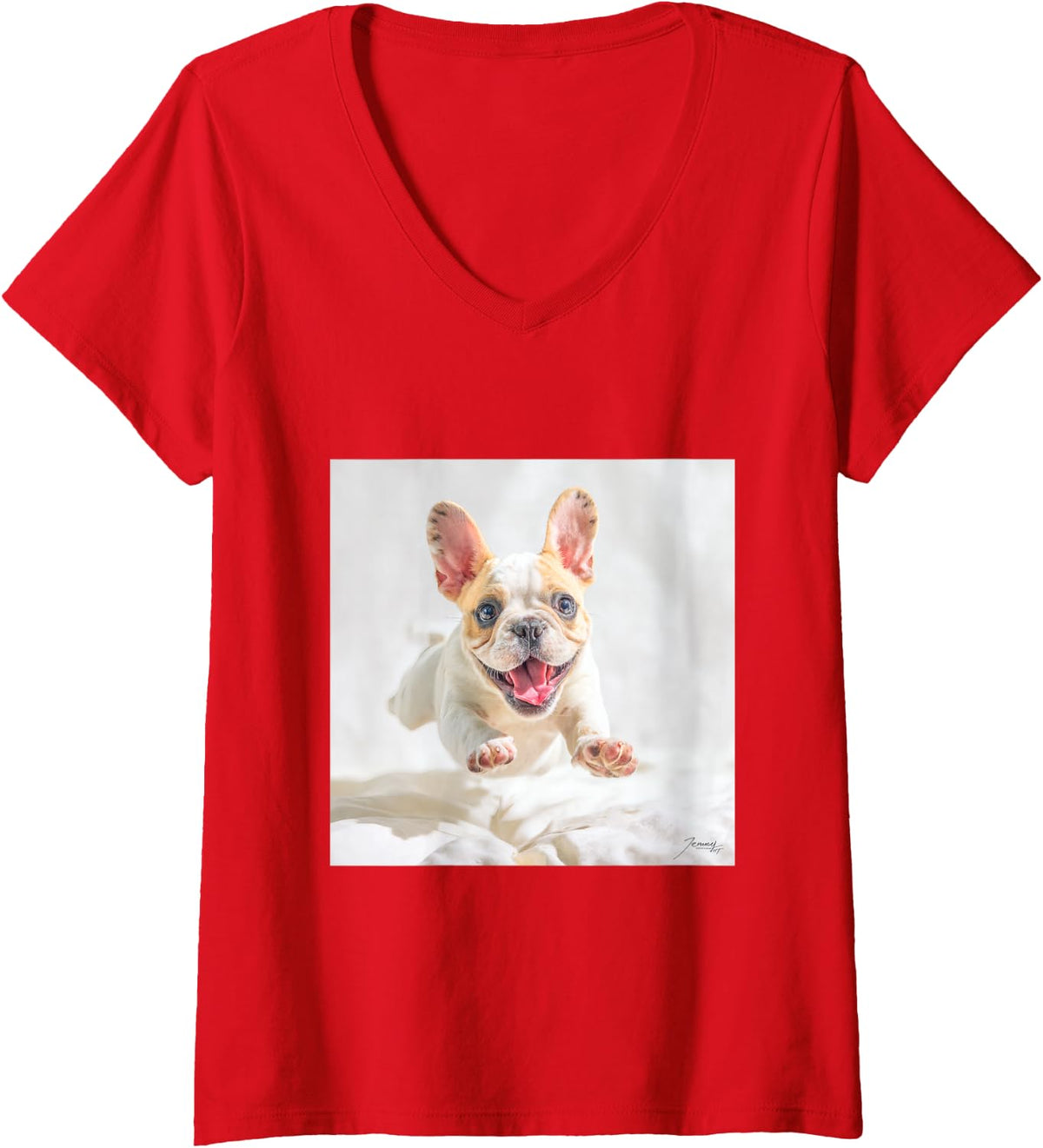 Women's Jumping French Cute Dog V-Neck T-Shirt - Red