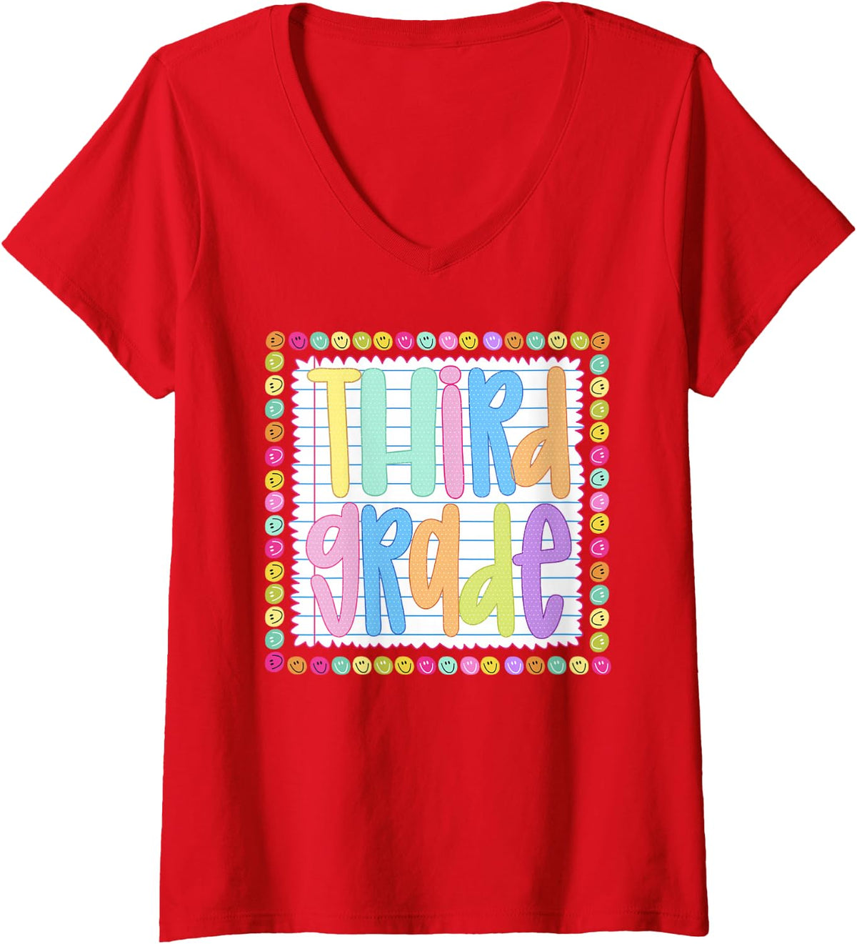 Women's Preppy Third Grade Smile Face Teacher First Day of School V-Neck T-Shirt - Red
