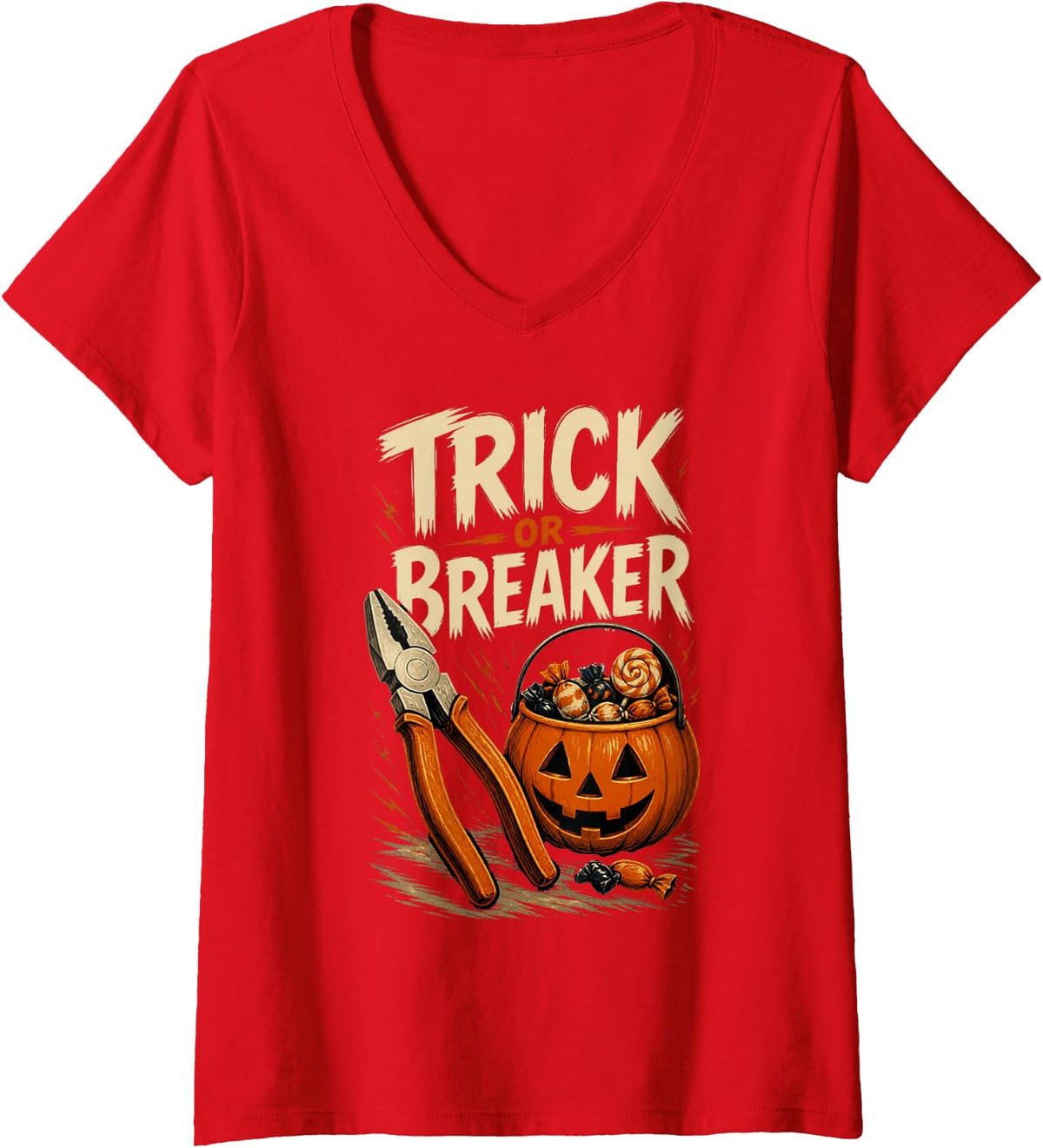 Women's Trick OR Breaker Electrician Halloween Electrician Gift V-Neck T-Shirt - Red