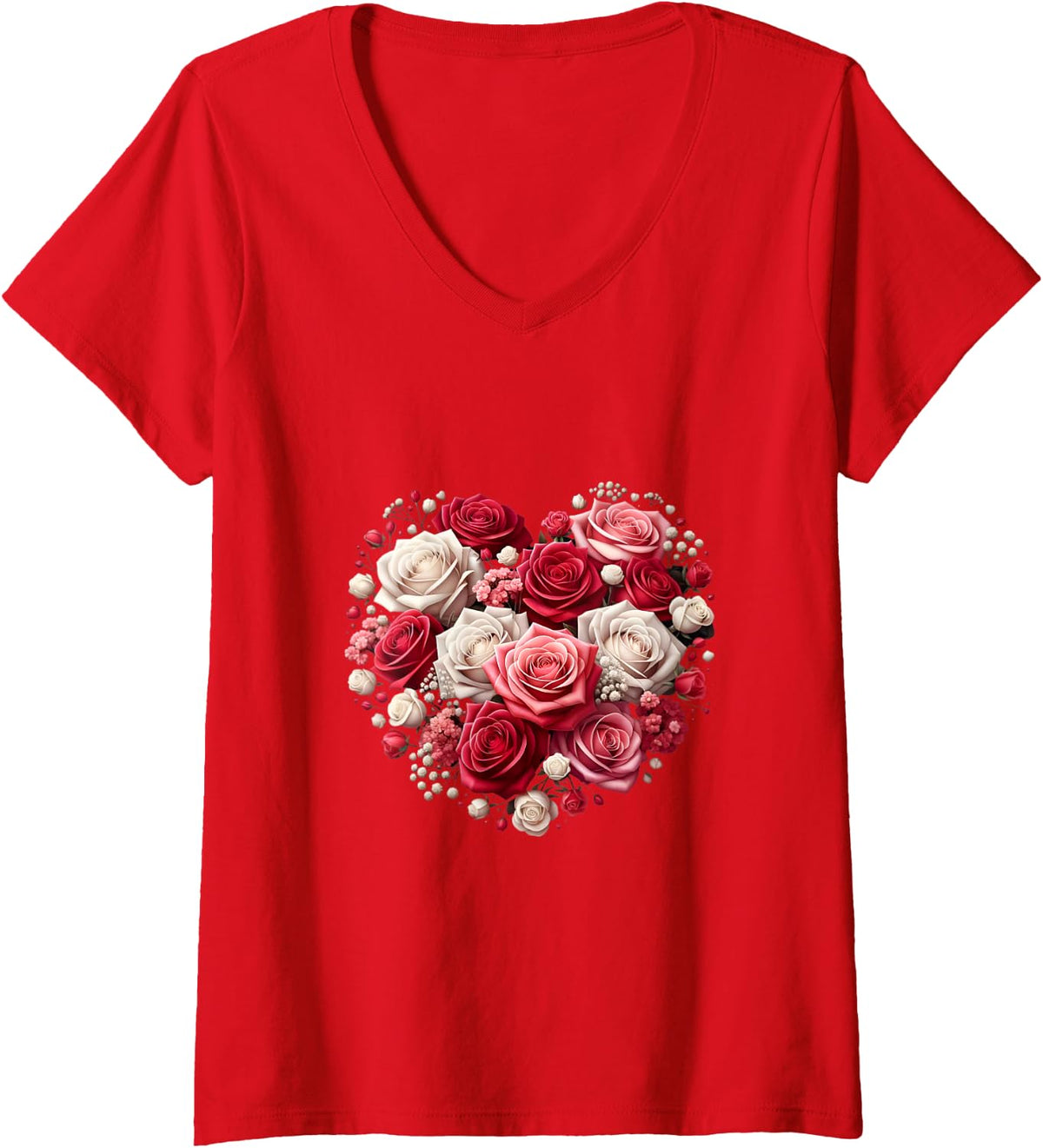Womens Heart Of Roses Valentines Day Red Pink White Design V-Neck T-Shirt - Red