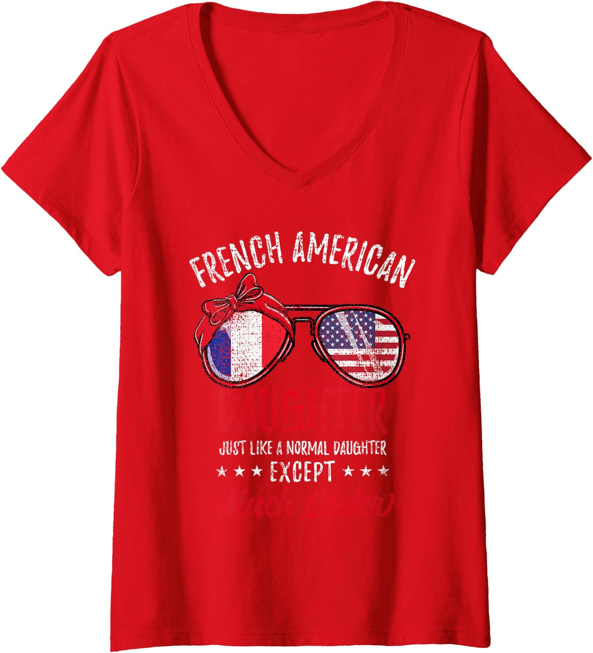 Women's French American Daughter Sunglasses French Roots Vintage V-Neck T-Shirt - Red