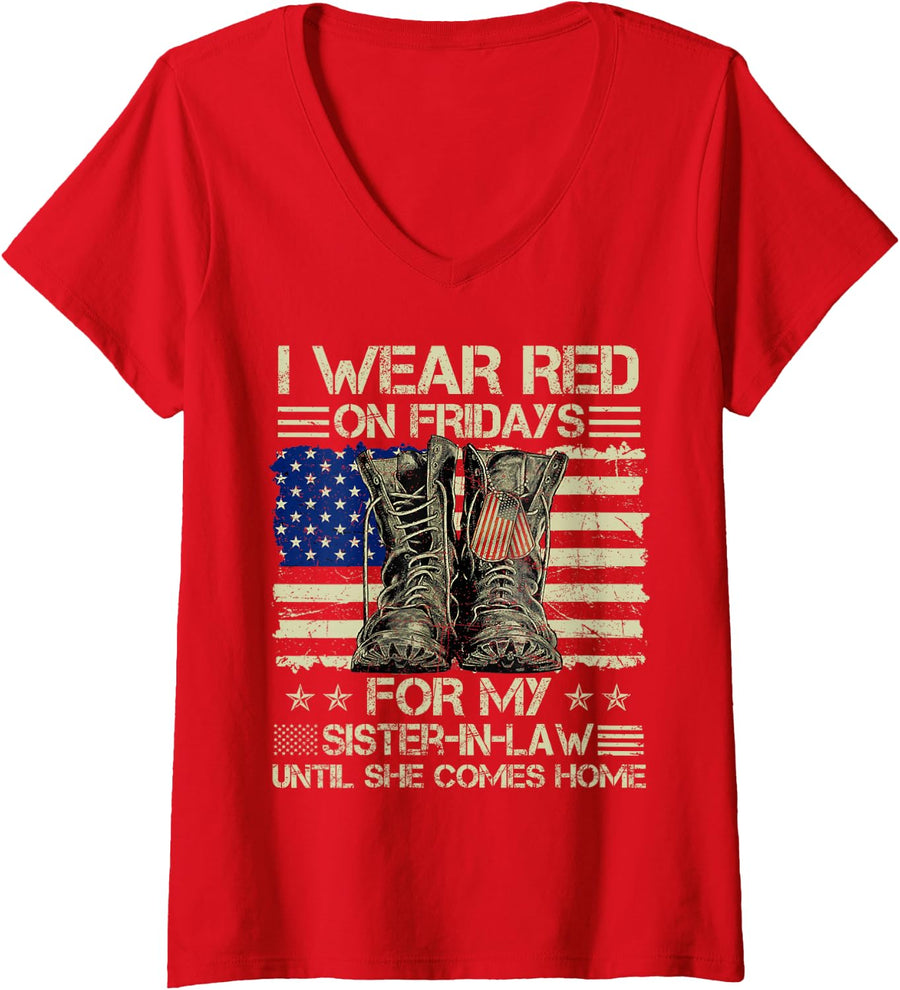 Women's I Wear Red On Fridays for My Sister-in-Law US Family Support V-Neck T-Shirt - Red