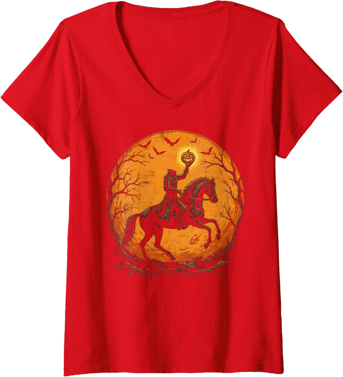 Women's Moonlit Halloween Horse Rider Pumpkin Bats V-Neck T-Shirt - Red