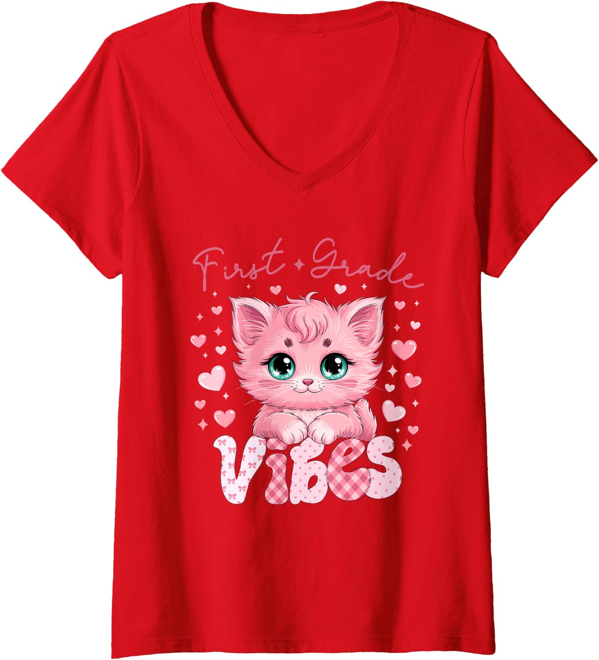 Women's First Grade Vibes Cute Cat Back to School Teacher Girl Kids V-Neck T-Shirt - Red